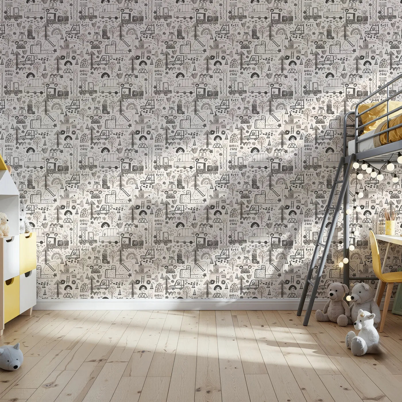 Front view of Whimsy Tots' Monochrome Work Zone Watercolor Wallpaper