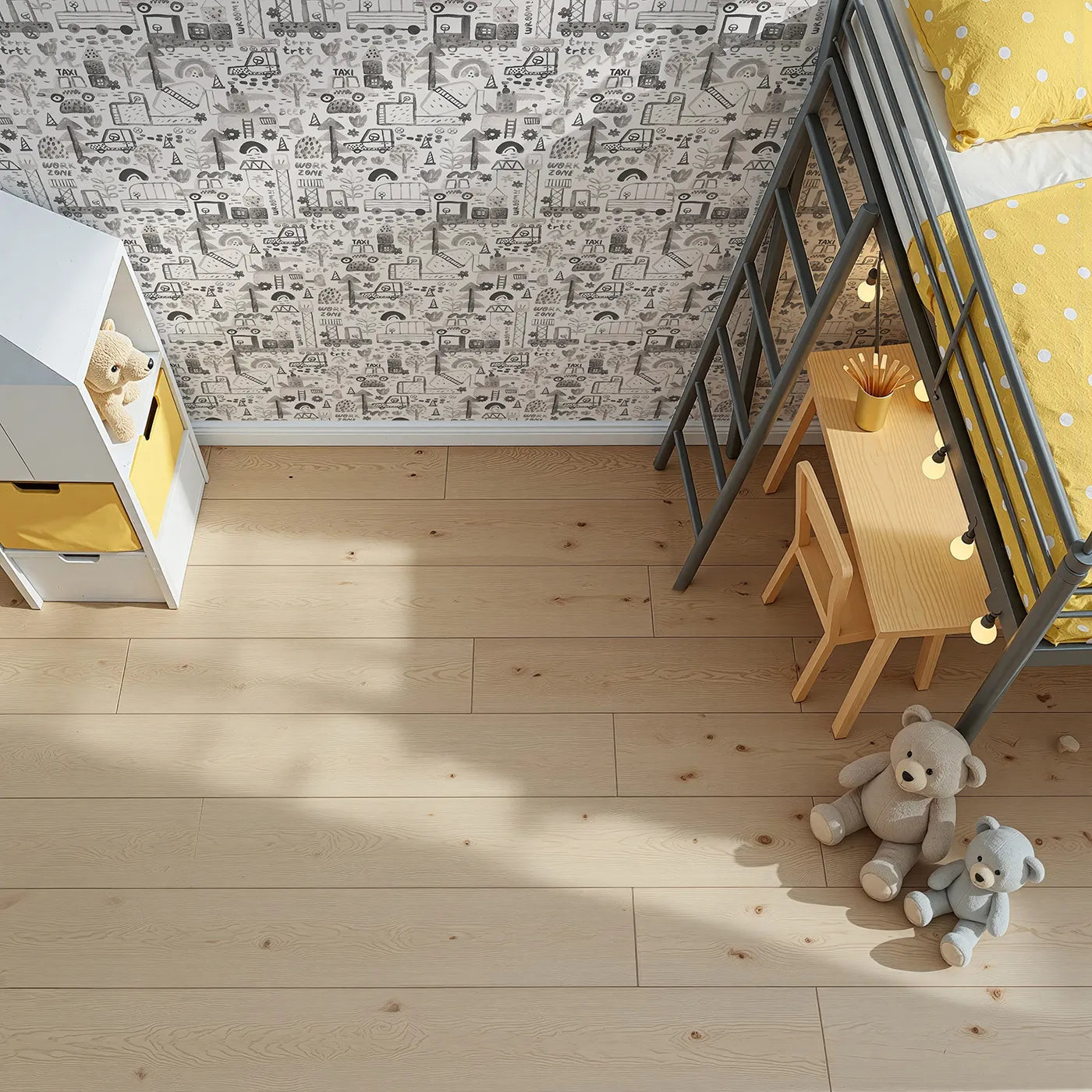 Top-Down view of Whimsy Tots' Monochrome Work Zone Watercolor Wallpaper (W2089).Where a whole city is painted in shades of creative gray.