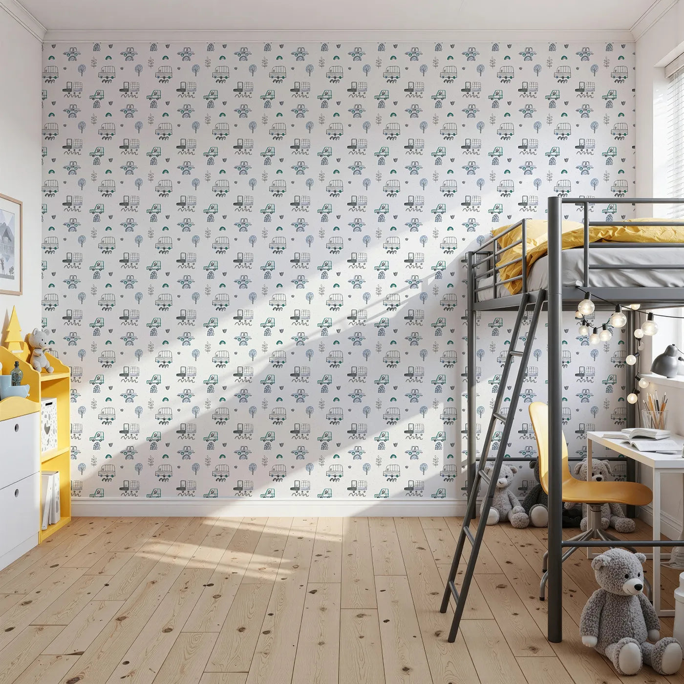 Front view of Whimsy Tots' Blue Watercolor Cars Wallpaper