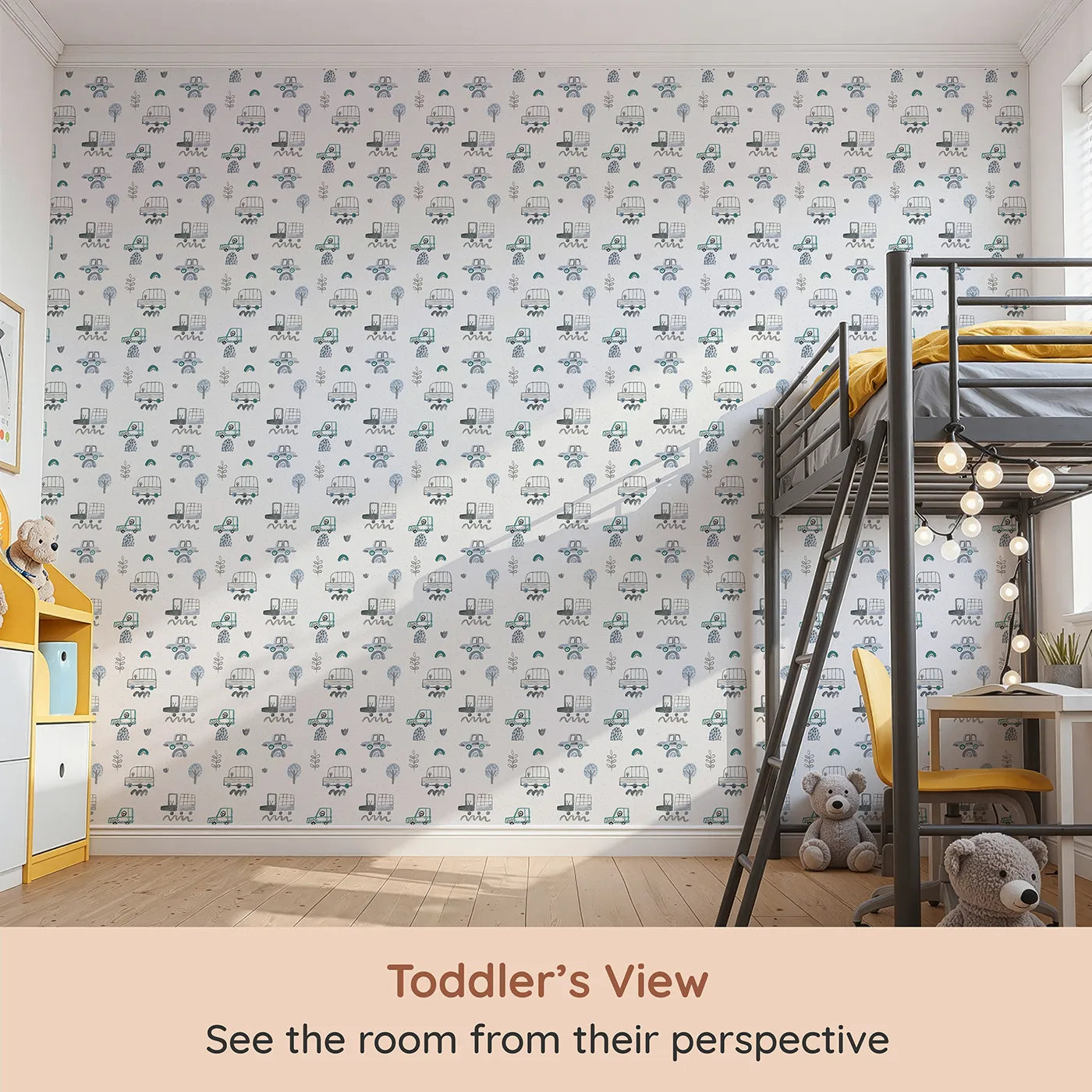 Whimsy Tots Blue Watercolor Cars Wallpaper (W2090) from your child's view.Where cool blue and green cars cruise on a happy journey.