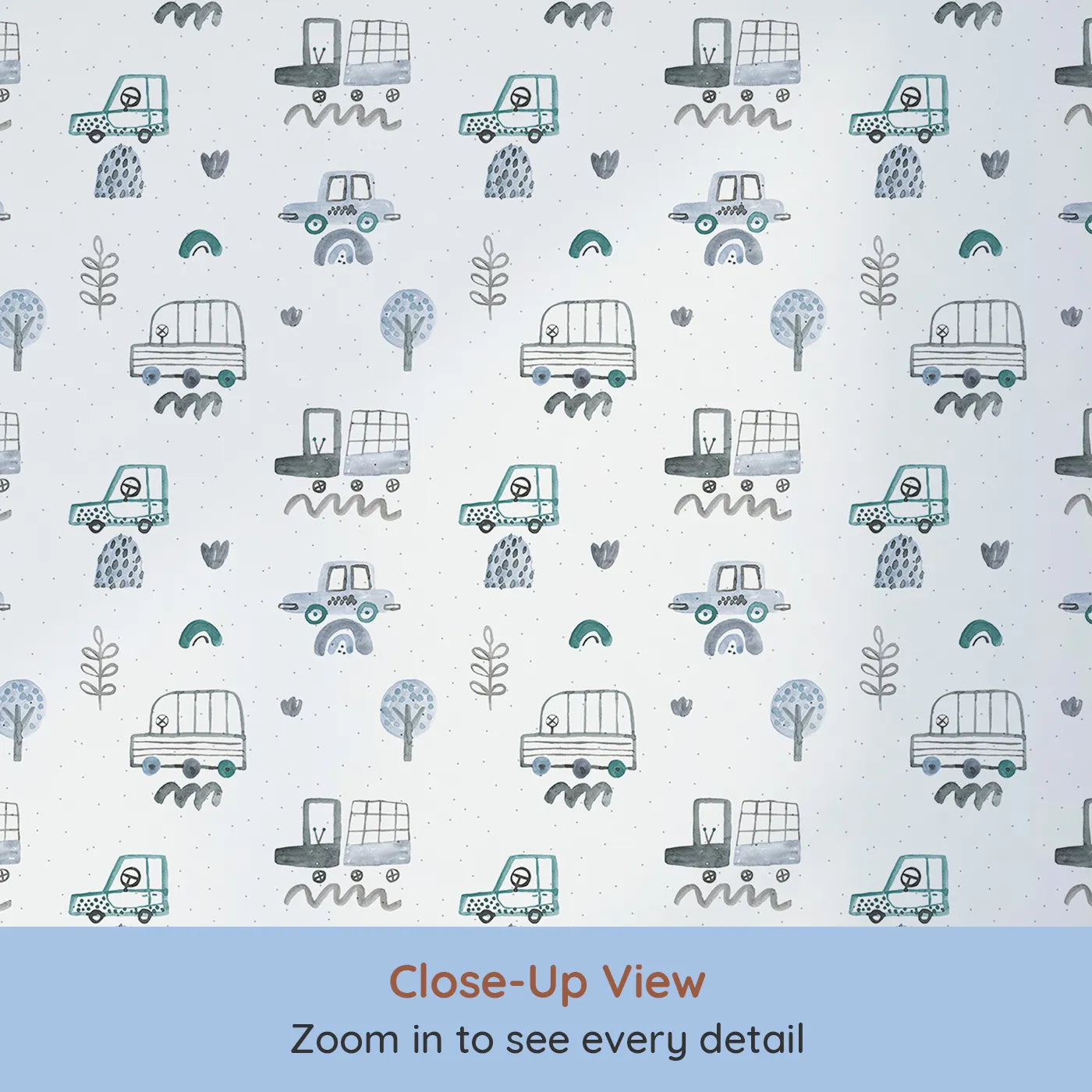 Close-up view of Whimsy Tots' Blue Watercolor Cars Wallpaper (W2090).Where cool blue and green cars cruise on a happy journey.