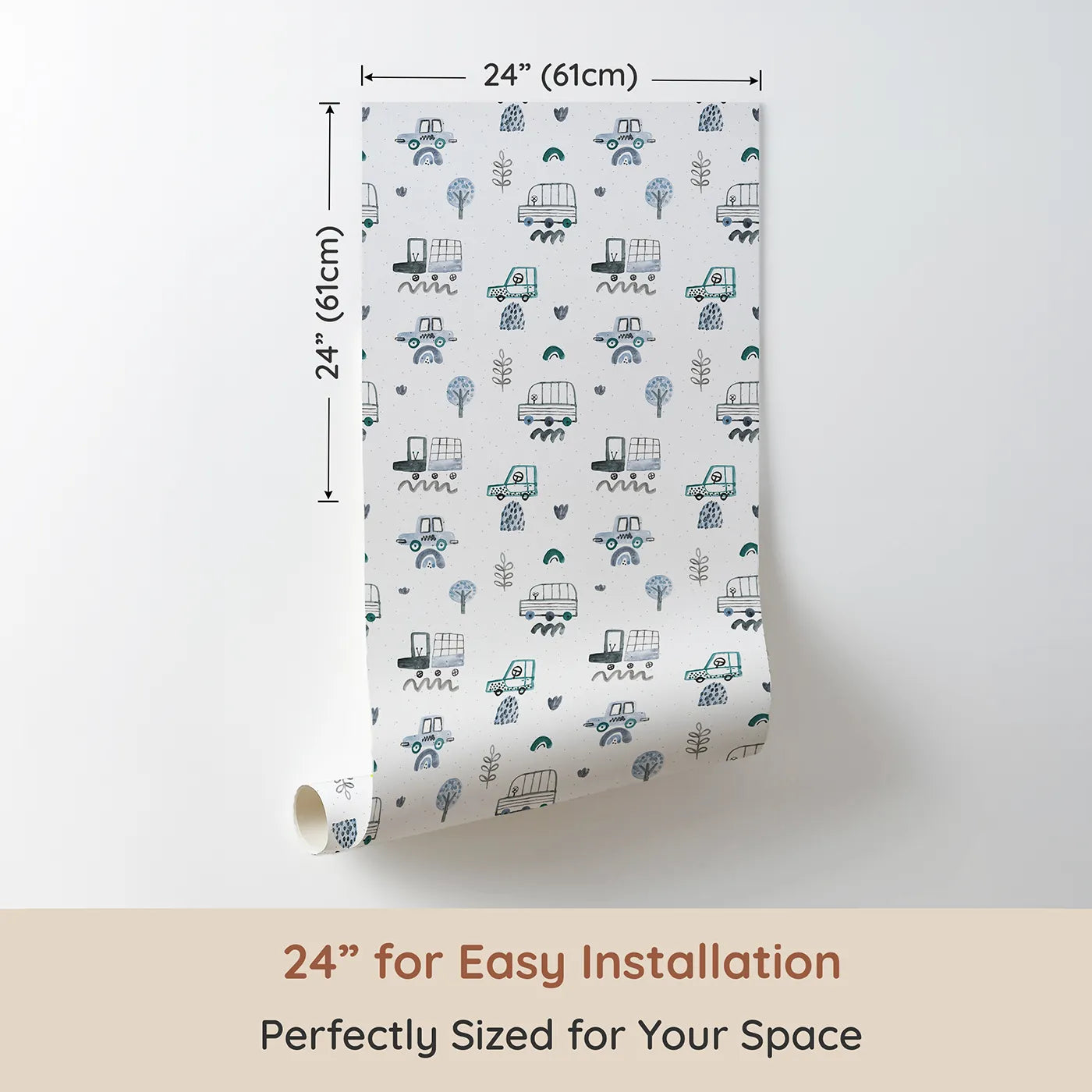 Dimension view of Whimsy Tots Blue Watercolor Cars Wallpaper (W2090). Printed in 24-inch-wide panel for easy installation. Where cool blue and green cars cruise on a happy journey.