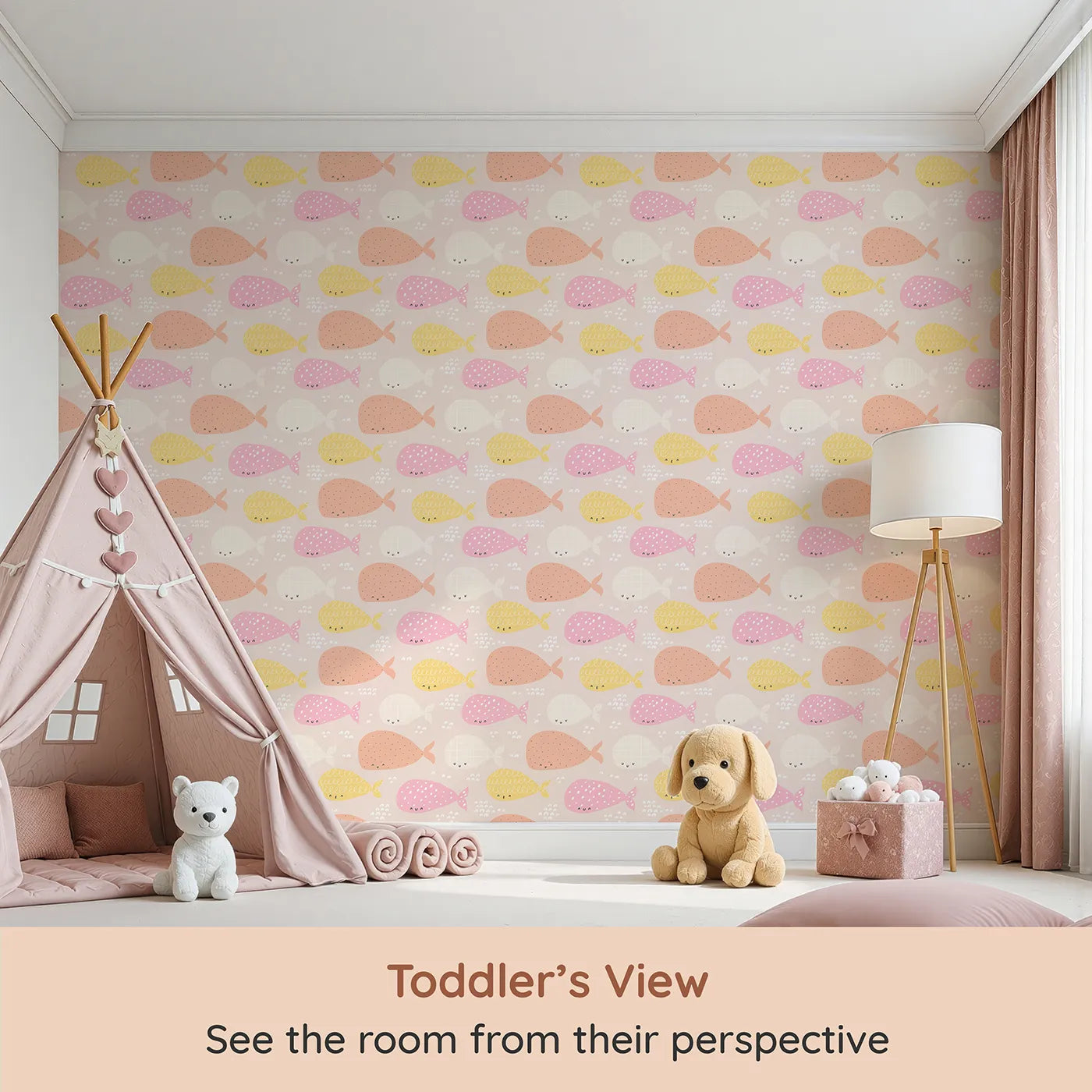 Whimsy Tots Pastel Whale Pod Wallpaper (W2091) from your child's view.Where a pod of colorful whales swims in a pastel sea.