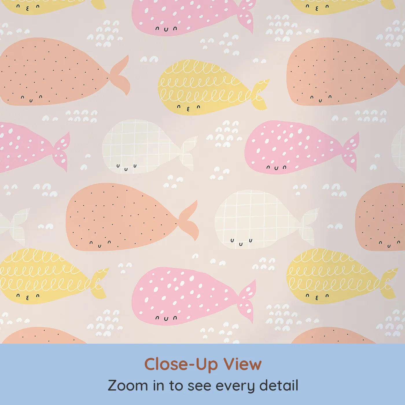 Close-up view of Whimsy Tots' Pastel Whale Pod Wallpaper (W2091).Where a pod of colorful whales swims in a pastel sea.