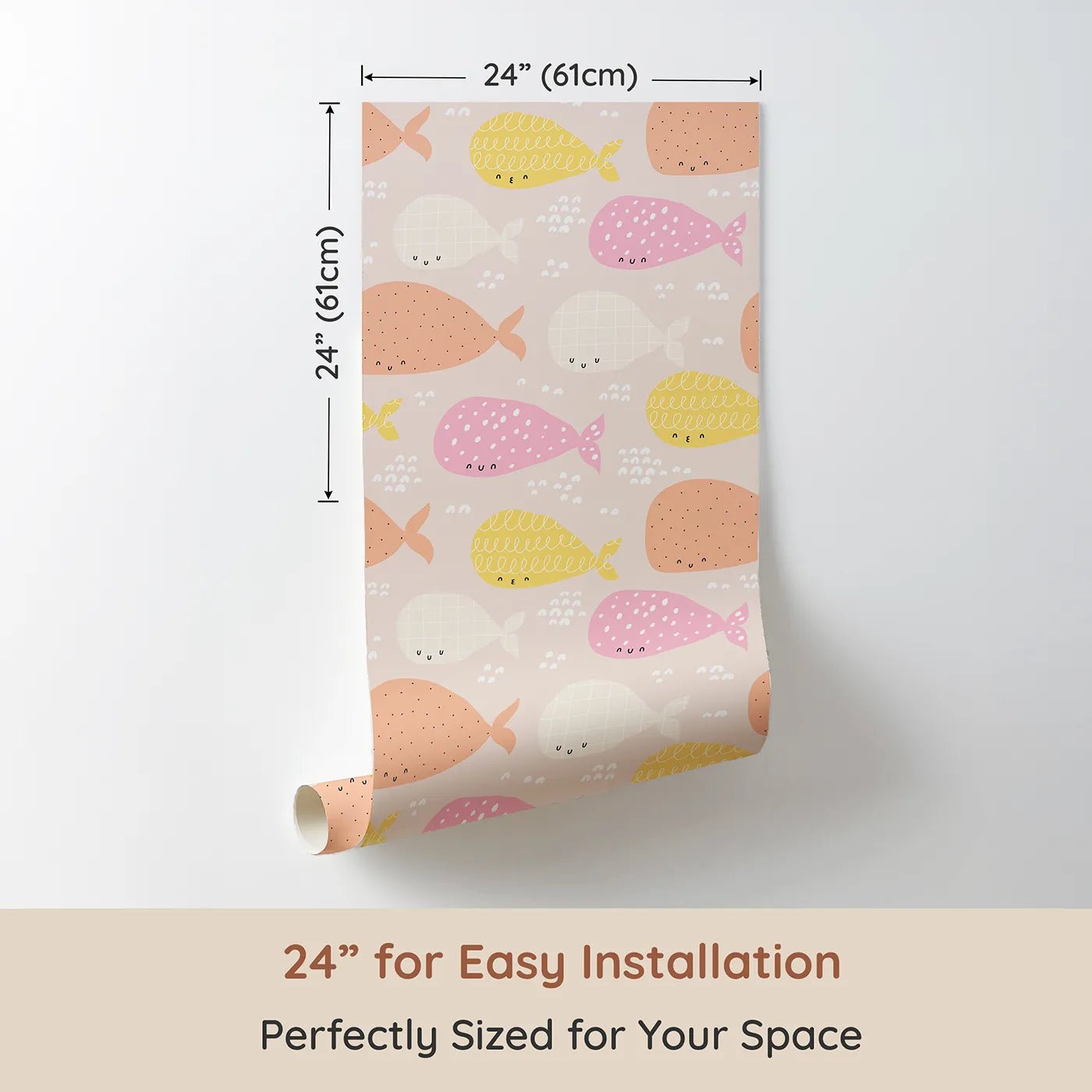 Dimension view of Whimsy Tots Pastel Whale Pod Wallpaper (W2091). Printed in 24-inch-wide panel for easy installation. Where a pod of colorful whales swims in a pastel sea.