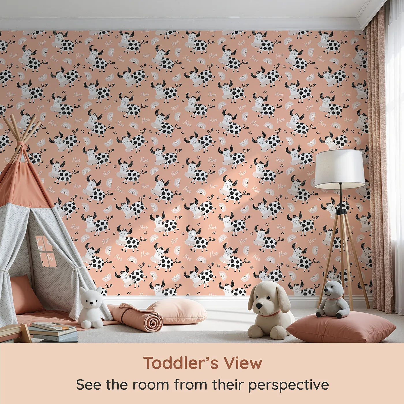 Whimsy Tots Happy Moo Cow Wallpaper (W2092) from your child's view.Where happy cows and little rainbows fill the fields with fun.