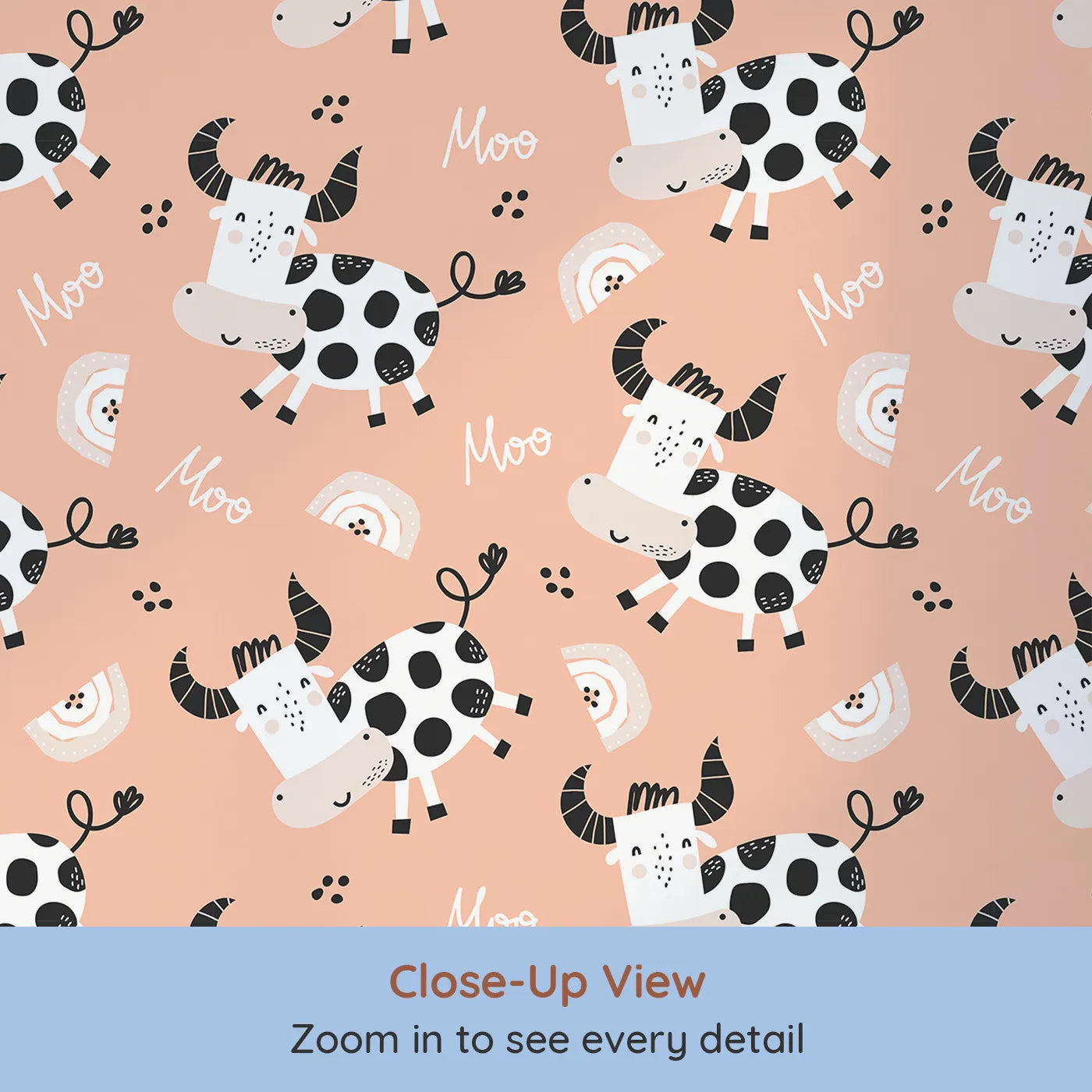Close-up view of Whimsy Tots' Happy Moo Cow Wallpaper (W2092).Where happy cows and little rainbows fill the fields with fun.