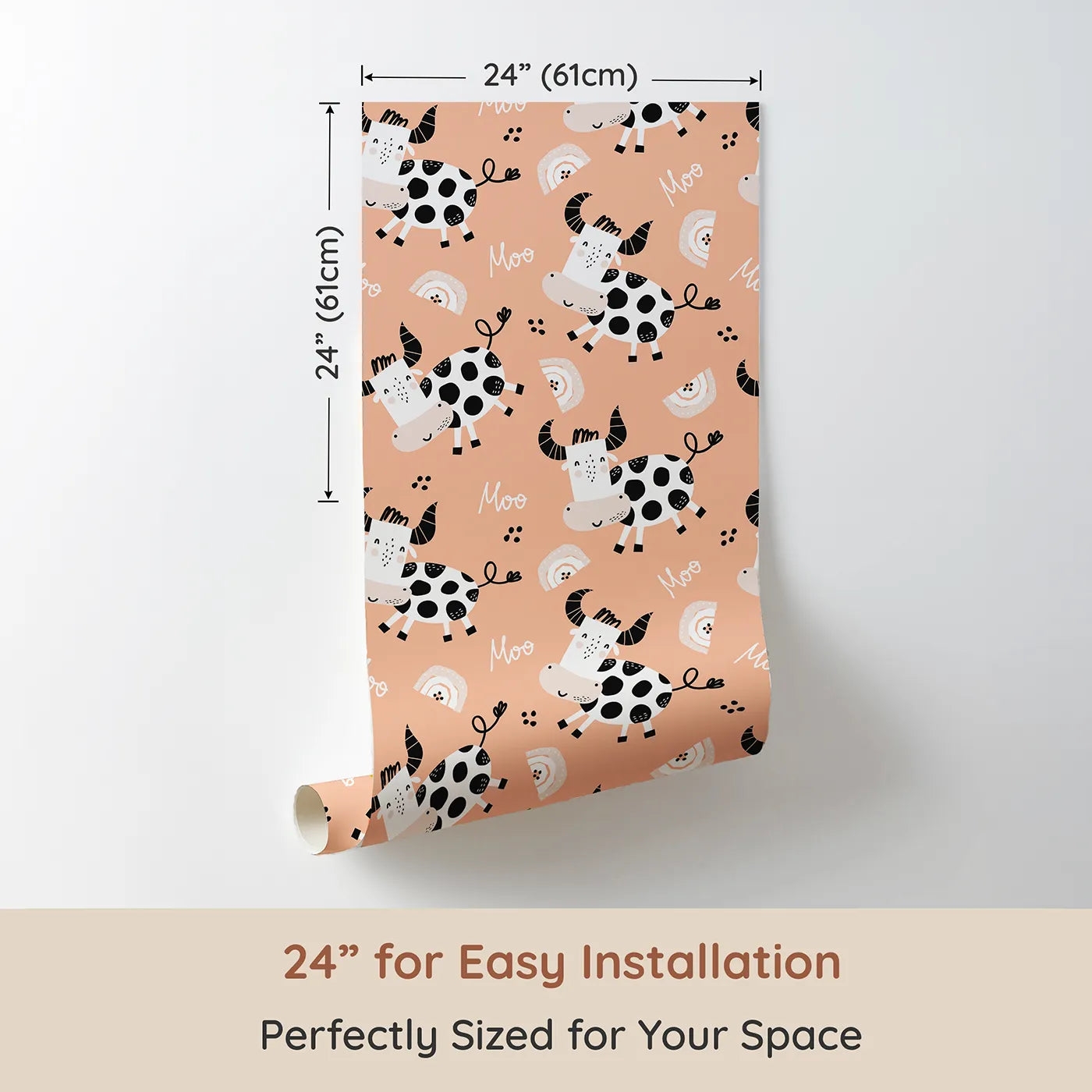 Dimension view of Whimsy Tots Happy Moo Cow Wallpaper (W2092). Printed in 24-inch-wide panel for easy installation. Where happy cows and little rainbows fill the fields with fun.