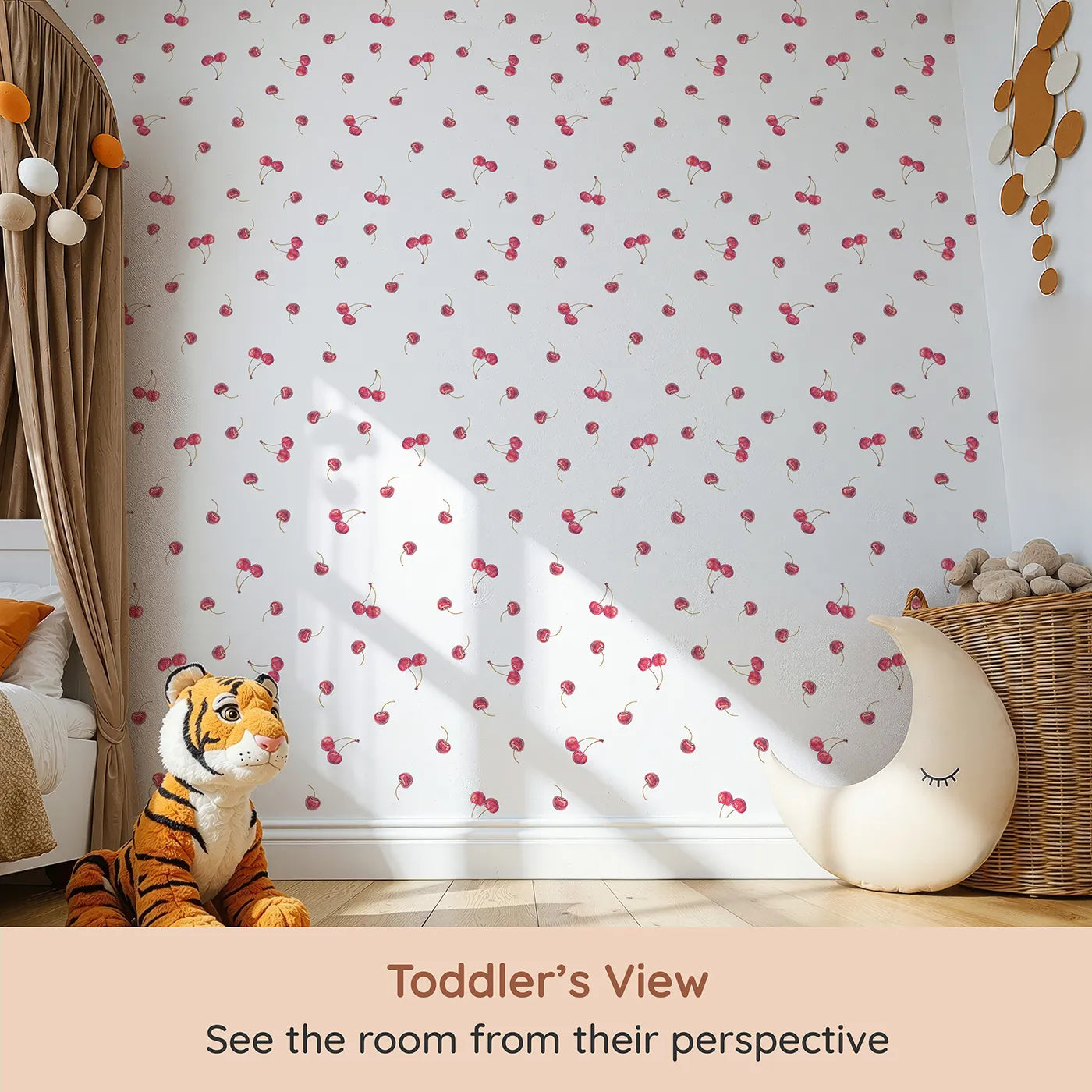 Whimsy Tots Watercolor Cherry Sprinkle Wallpaper (W2094) from your child's view.Where juicy, hand-painted cherries are scattered like confetti.
