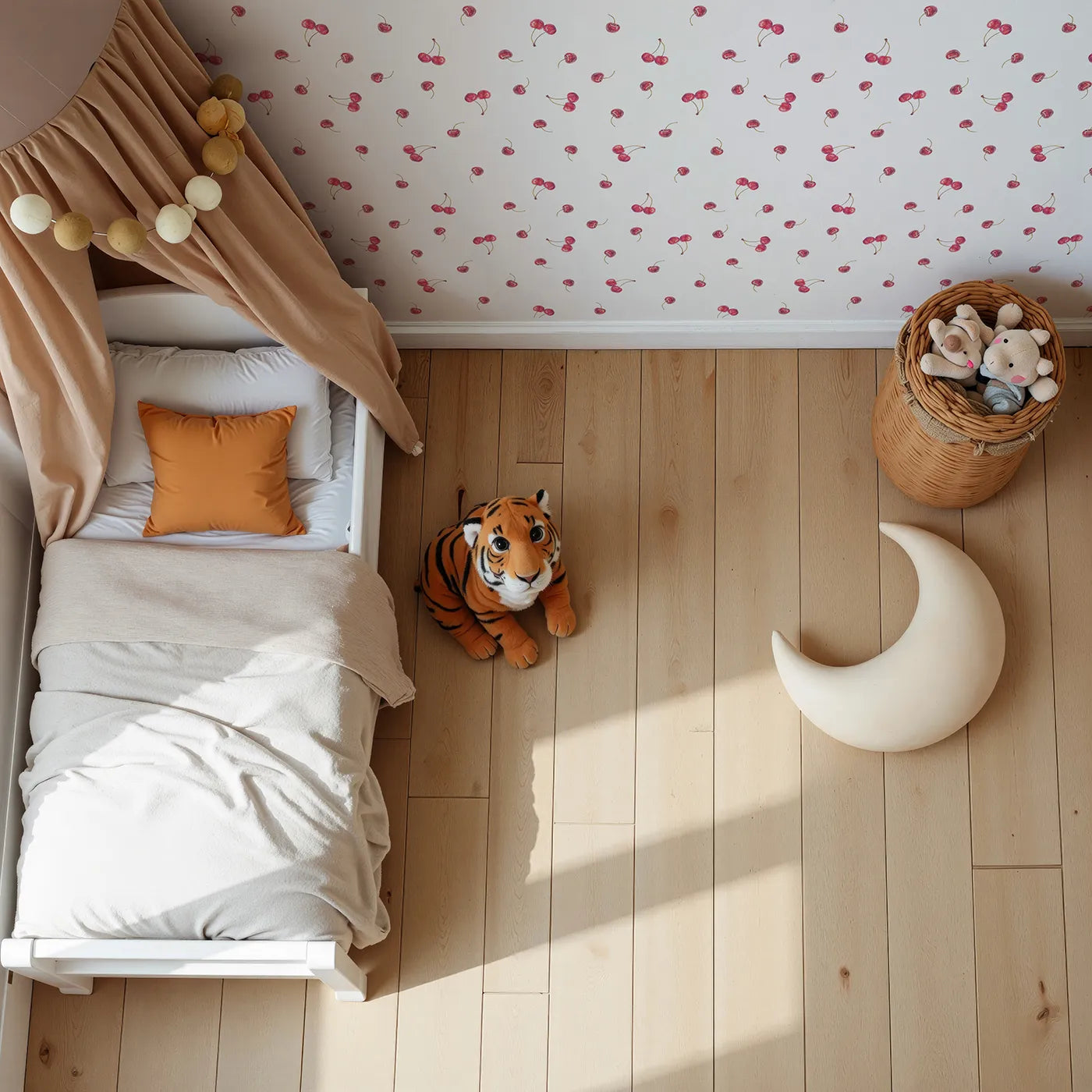 Top-Down view of Whimsy Tots' Watercolor Cherry Sprinkle Wallpaper (W2094).Where juicy, hand-painted cherries are scattered like confetti.