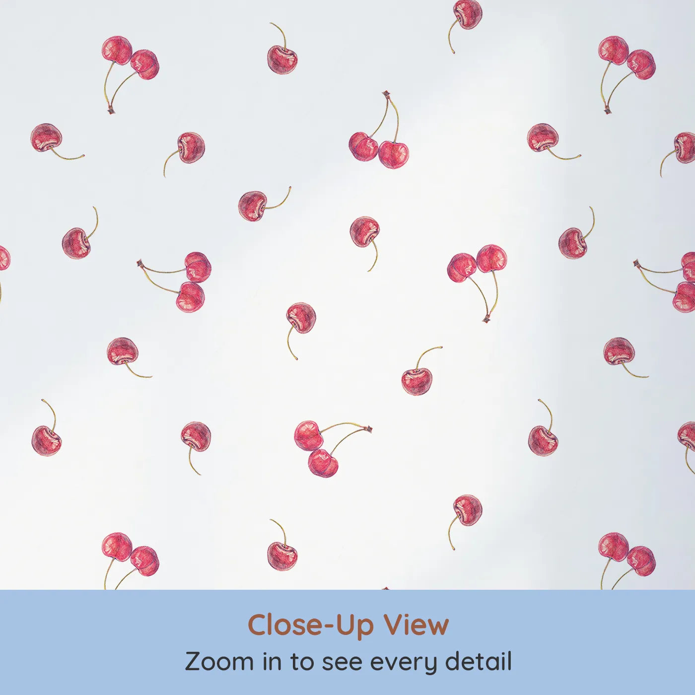 Close-up view of Whimsy Tots' Watercolor Cherry Sprinkle Wallpaper (W2094).Where juicy, hand-painted cherries are scattered like confetti.