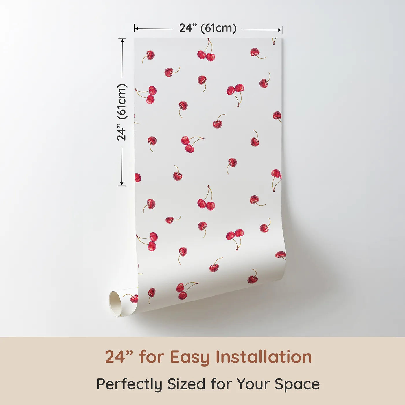 Dimension view of Whimsy Tots Watercolor Cherry Sprinkle Wallpaper (W2094). Printed in 24-inch-wide panel for easy installation. Where juicy, hand-painted cherries are scattered like confetti.