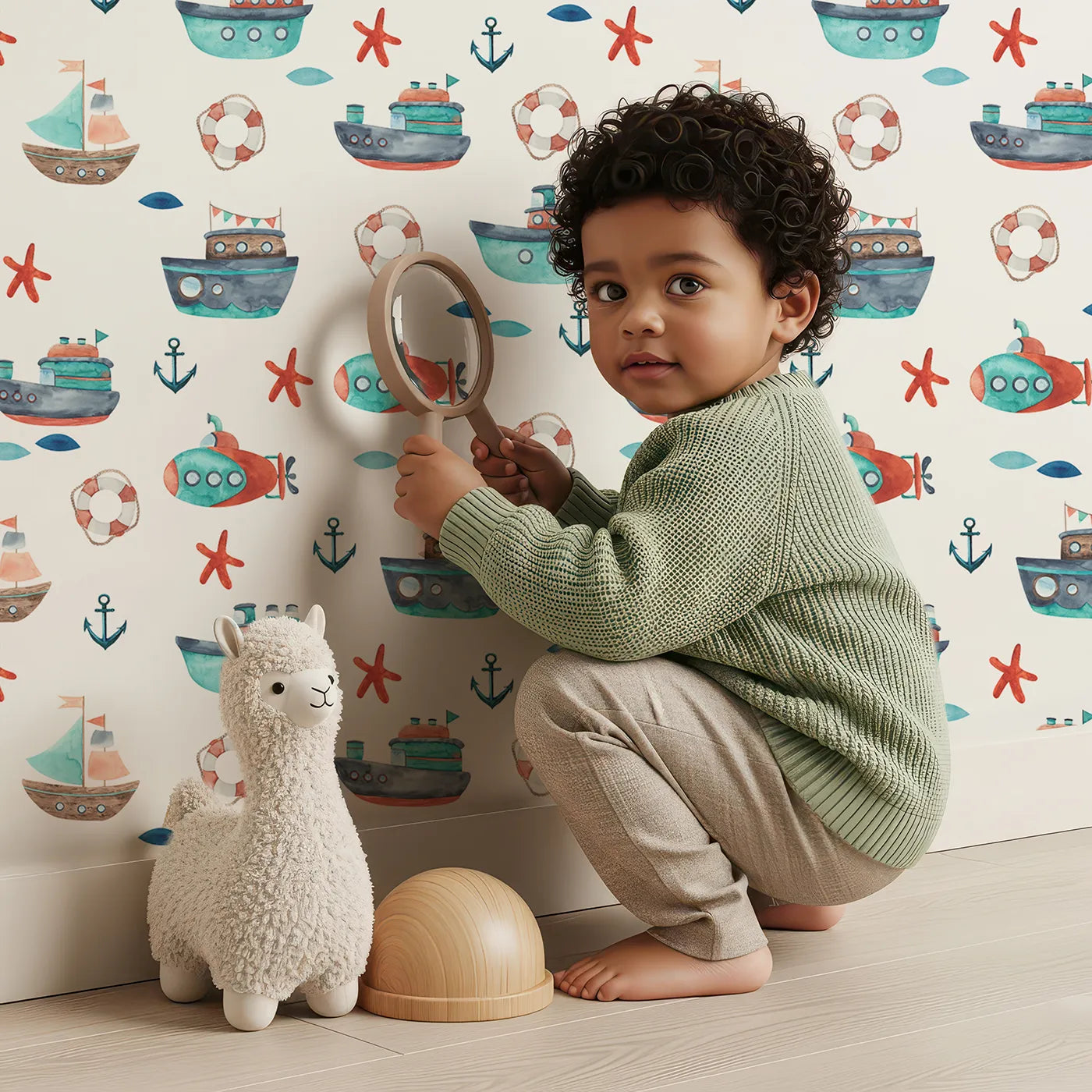 Lovely child standing in front of Whimsy Tots Watercolor Maritime Fleet Wallpaper with boat, ship, submarine, anchor, sea in design.