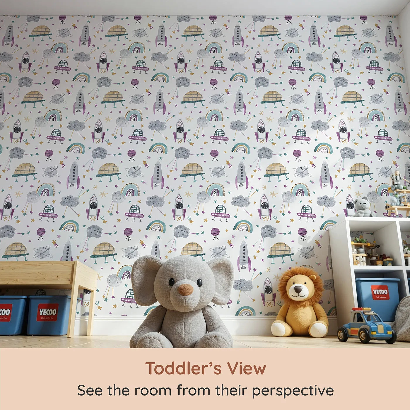 Whimsy Tots Watercolor Space Rainbows Wallpaper (W2096) from your child's view.Where soft rockets and gentle rainbows float among the stars.