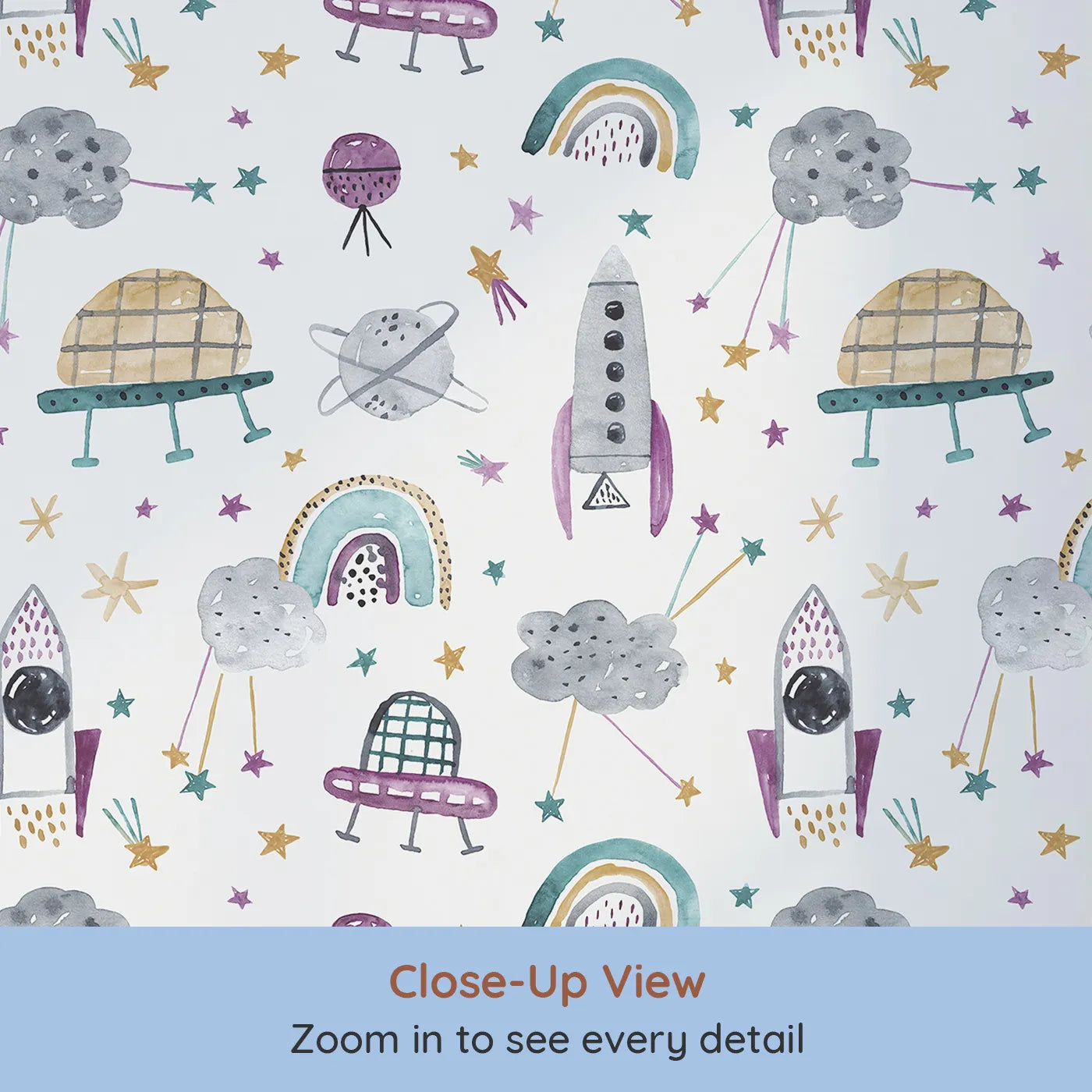 Close-up view of Whimsy Tots' Watercolor Space Rainbows Wallpaper (W2096).Where soft rockets and gentle rainbows float among the stars.