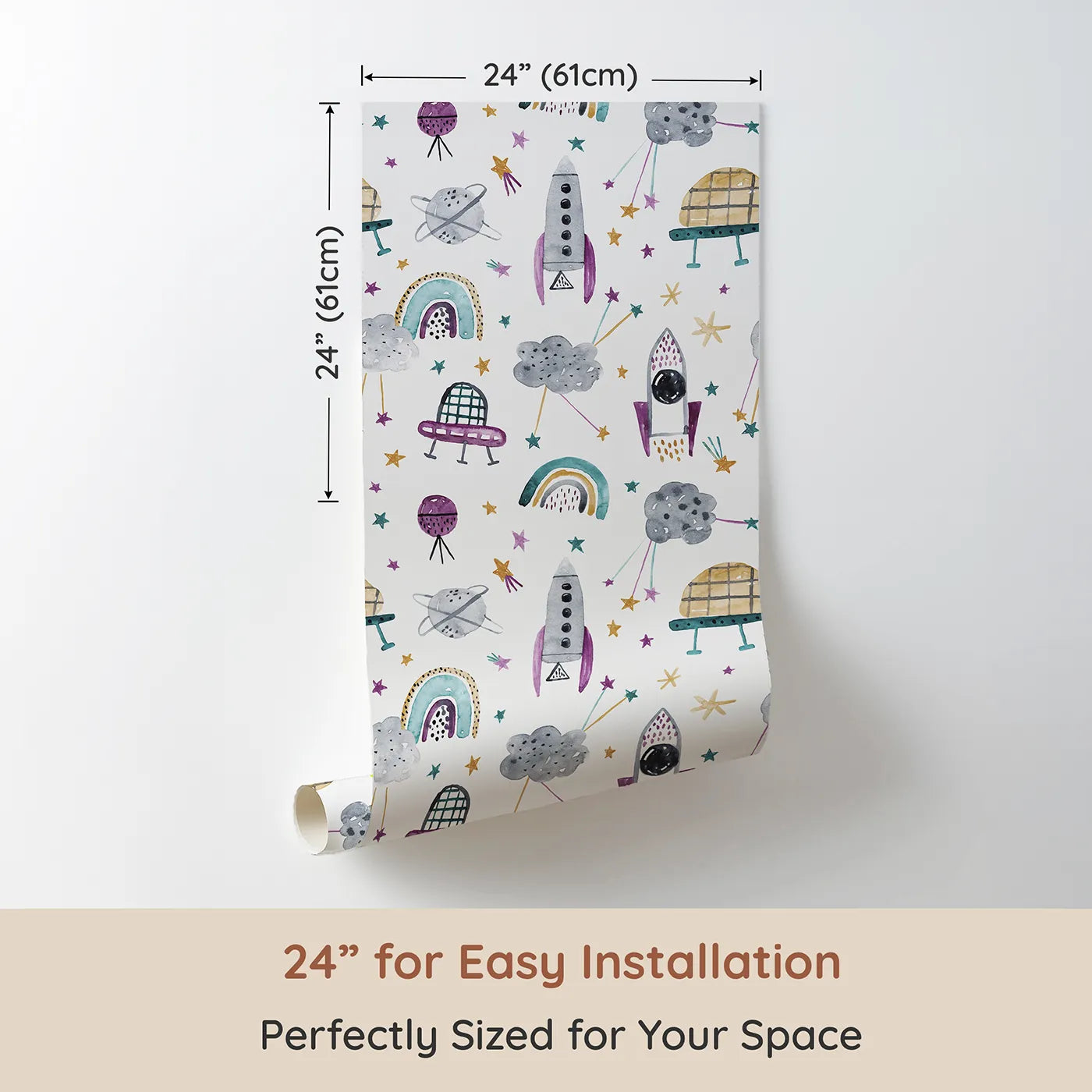 Dimension view of Whimsy Tots Watercolor Space Rainbows Wallpaper (W2096). Printed in 24-inch-wide panel for easy installation. Where soft rockets and gentle rainbows float among the stars.