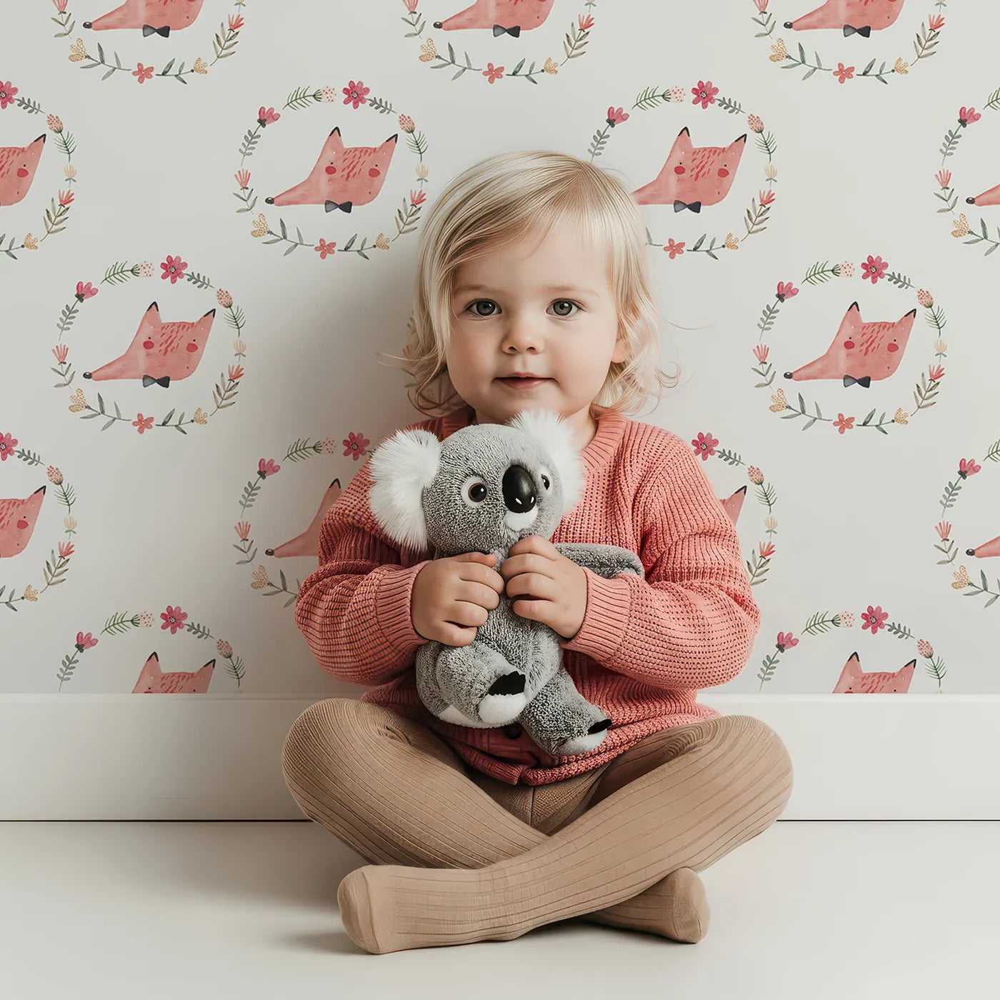 Lovely child standing in front of Whimsy Tots Dapper Fox Portrait Wallpaper with fox, wreath, flower, bowtie, watercolor in design.