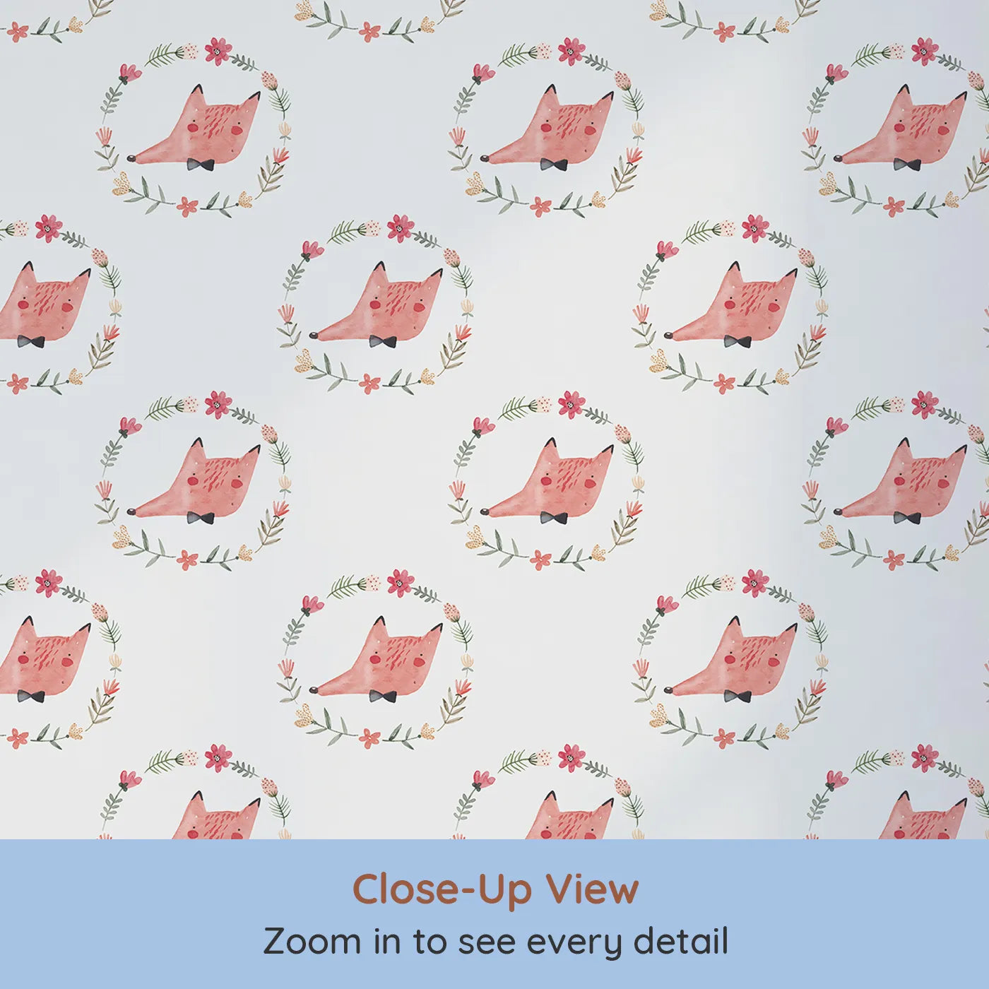 Close-up view of Whimsy Tots' Dapper Fox Portrait Wallpaper (W2098).Where dapper foxes in bow ties are the guests of honor.