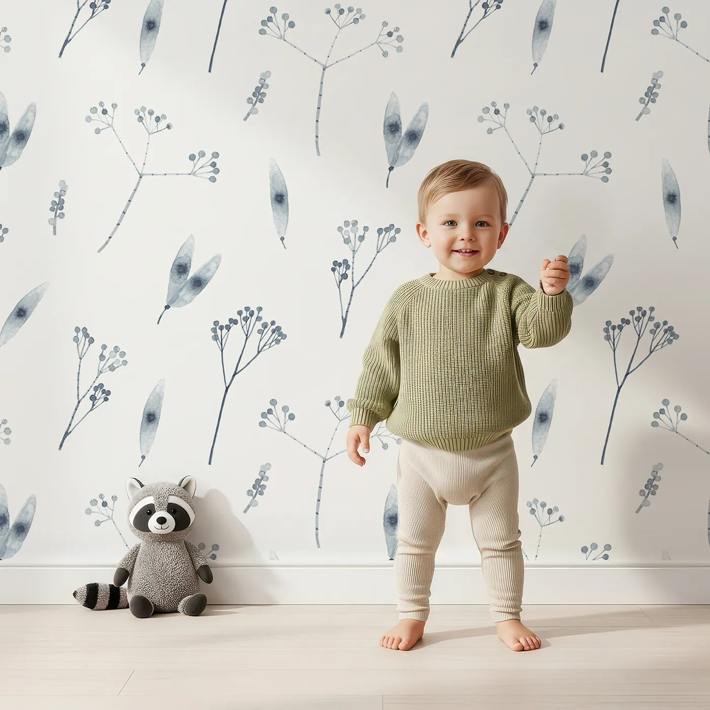 Lovely child standing in front of Whimsy Tots Indigo Botanical Seed Pod Wallpaper with botanical, watercolor, minimalist, seed, indigo in design.