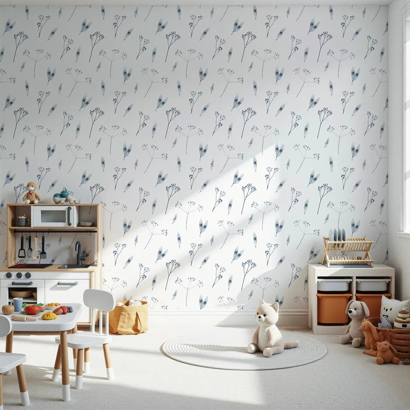 Front view of Whimsy Tots' Indigo Botanical Seed Pod Wallpaper