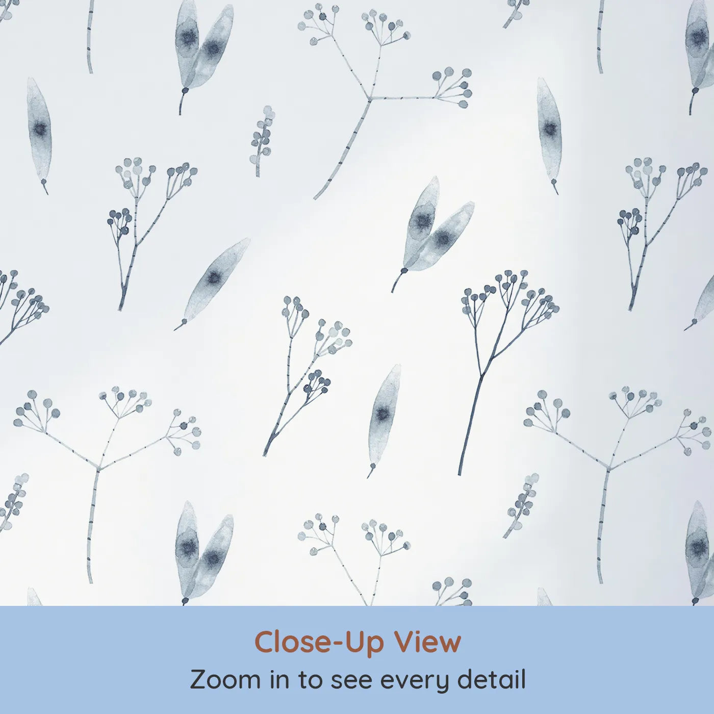 Close-up view of Whimsy Tots' Indigo Botanical Seed Pod Wallpaper (W2099).Where delicate, hand-painted botanicals drift in a peaceful space.