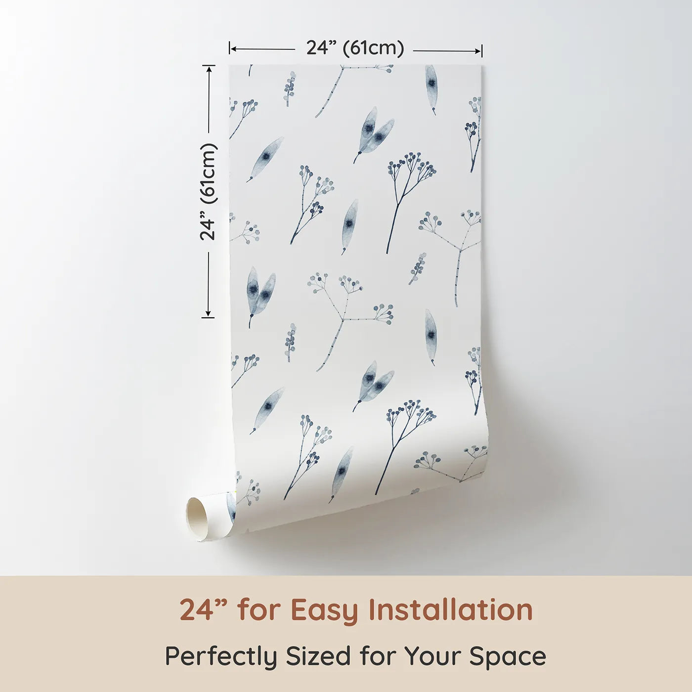 Dimension view of Whimsy Tots Indigo Botanical Seed Pod Wallpaper (W2099). Printed in 24-inch-wide panel for easy installation. Where delicate, hand-painted botanicals drift in a peaceful space.