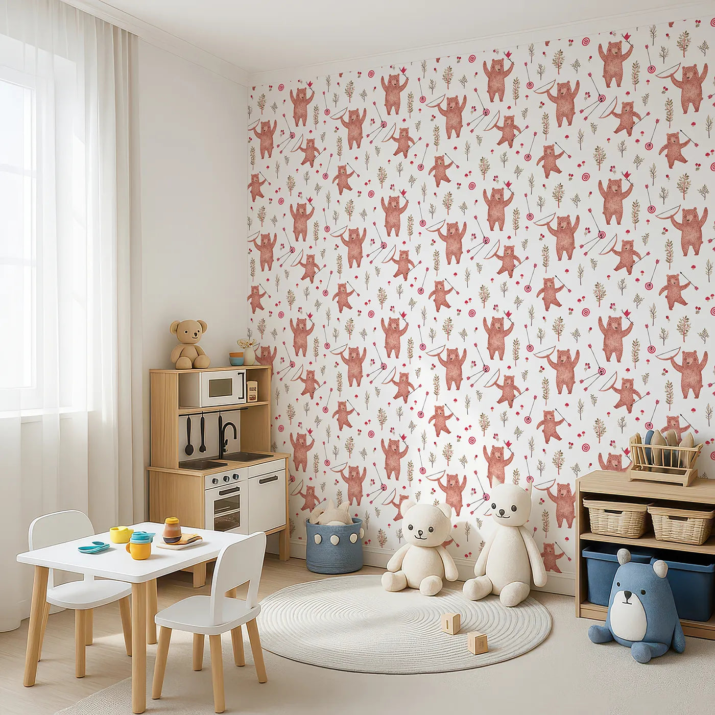 Angled view of Whimsy Tots' Woodland Archer Bear Wallpaper (W2100).Where happy bears practice their archery among the trees.