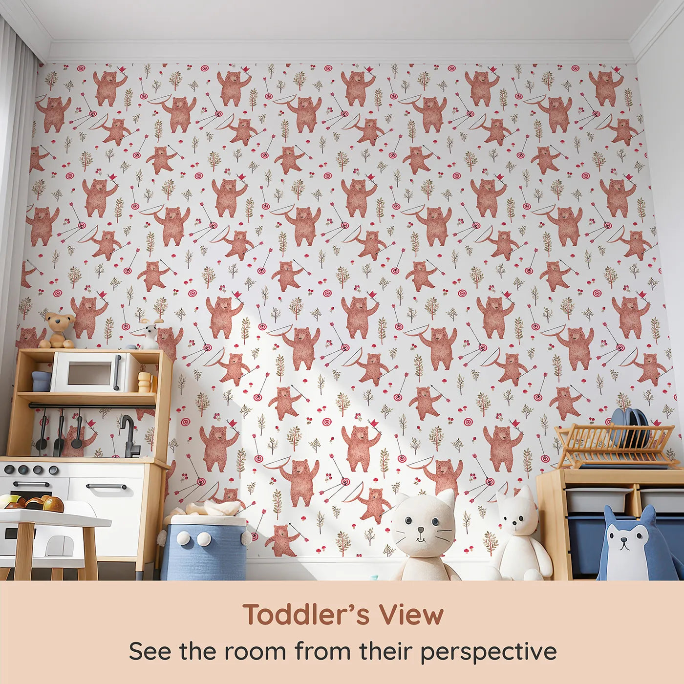 Whimsy Tots Woodland Archer Bear Wallpaper (W2100) from your child's view.Where happy bears practice their archery among the trees.
