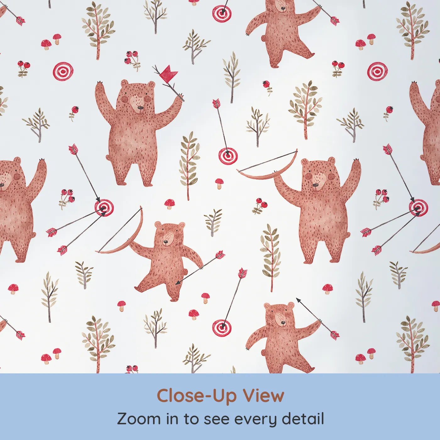 Close-up view of Whimsy Tots' Woodland Archer Bear Wallpaper (W2100).Where happy bears practice their archery among the trees.