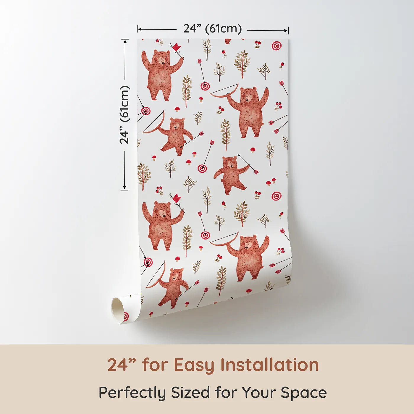 Dimension view of Whimsy Tots Woodland Archer Bear Wallpaper (W2100). Printed in 24-inch-wide panel for easy installation. Where happy bears practice their archery among the trees.