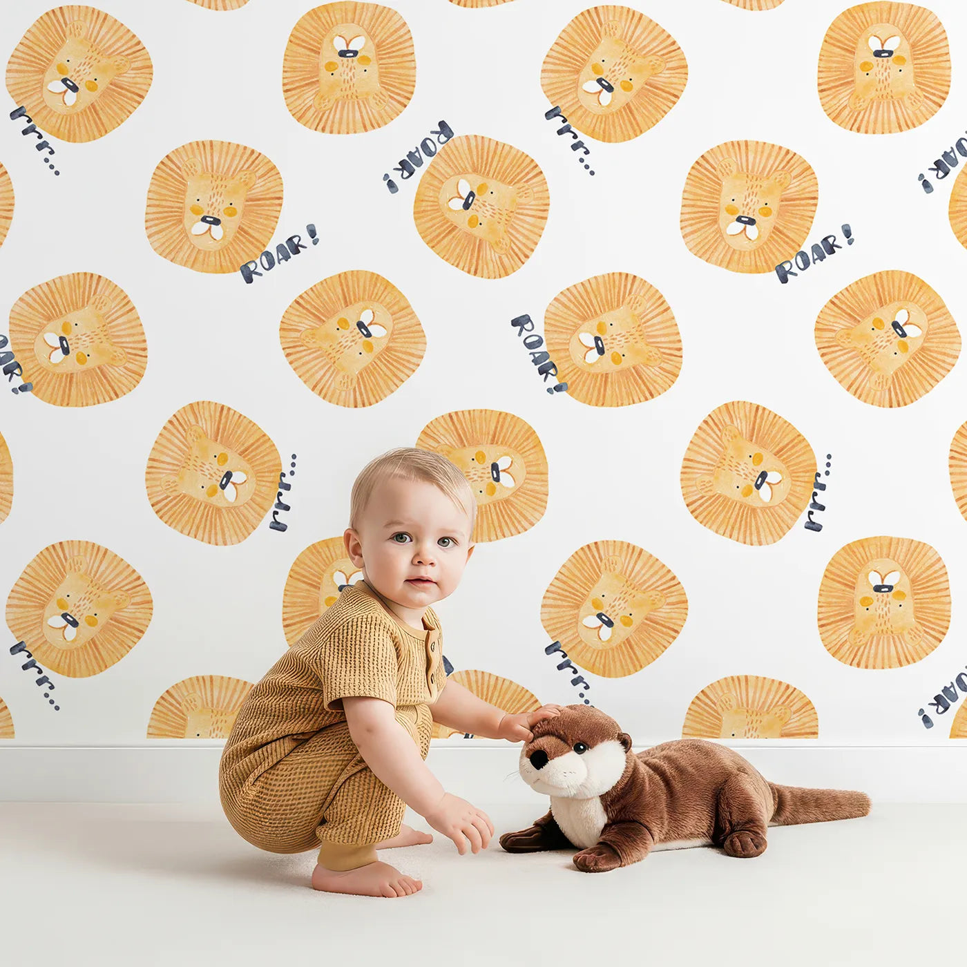 Lovely child standing in front of Whimsy Tots Watercolor Lion Roar Wallpaper with lion, roar, watercolor, safari, animal in design.