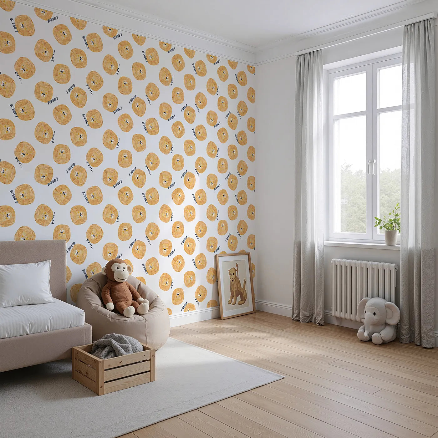 Angled view of Whimsy Tots' Watercolor Lion Roar Wallpaper (W2101).Where the friendliest lions practice their happy little roars.