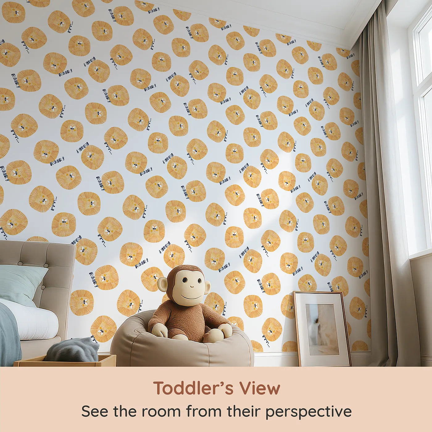 Whimsy Tots Watercolor Lion Roar Wallpaper (W2101) from your child's view.Where the friendliest lions practice their happy little roars.