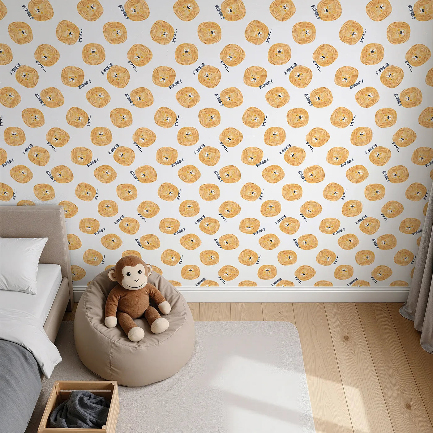 Top-Down view of Whimsy Tots' Watercolor Lion Roar Wallpaper (W2101).Where the friendliest lions practice their happy little roars.