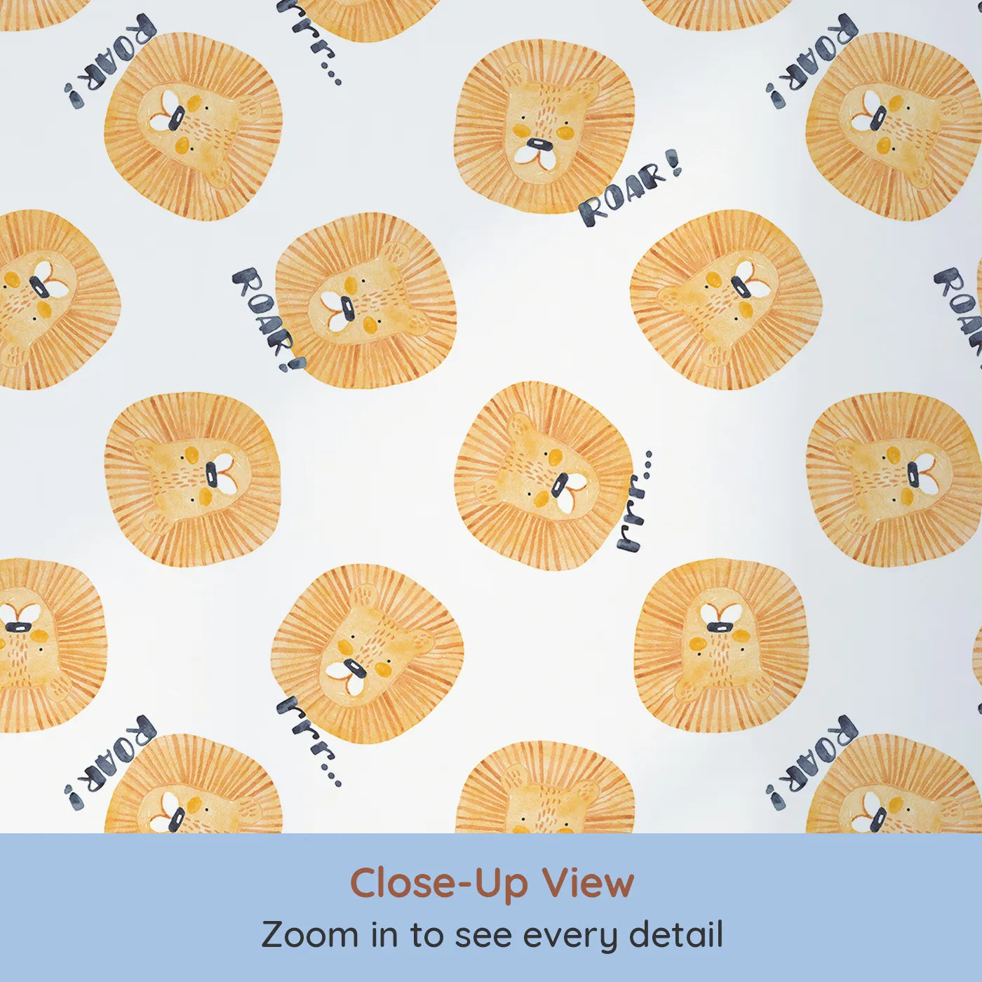 Close-up view of Whimsy Tots' Watercolor Lion Roar Wallpaper (W2101).Where the friendliest lions practice their happy little roars.