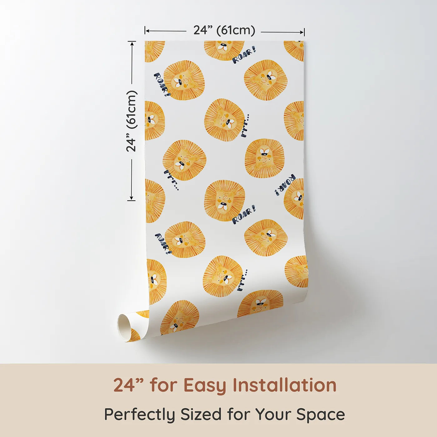 Dimension view of Whimsy Tots Watercolor Lion Roar Wallpaper (W2101). Printed in 24-inch-wide panel for easy installation. Where the friendliest lions practice their happy little roars.