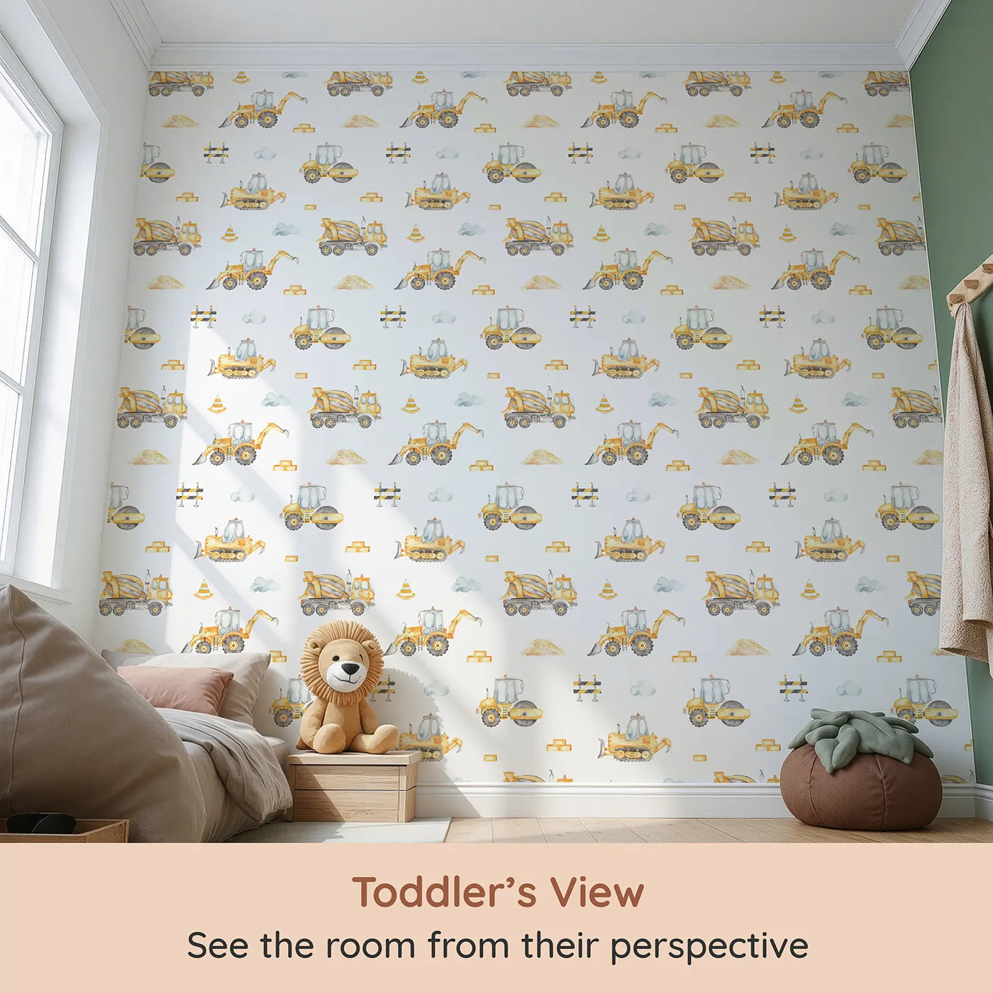 Whimsy Tots Watercolor Construction Zone Wallpaper (W2102) from your child's view.Where soft, hand-painted trucks work all day long.