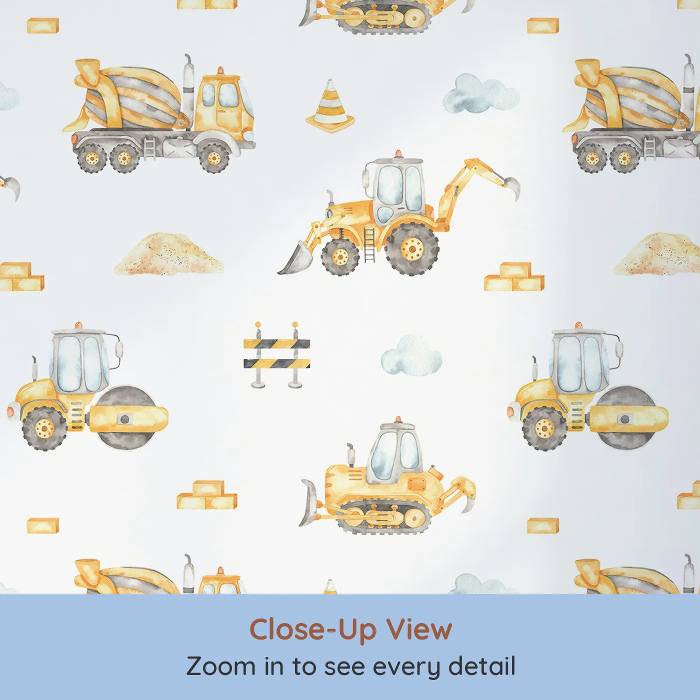 Close-up view of Whimsy Tots' Watercolor Construction Zone Wallpaper (W2102).Where soft, hand-painted trucks work all day long.