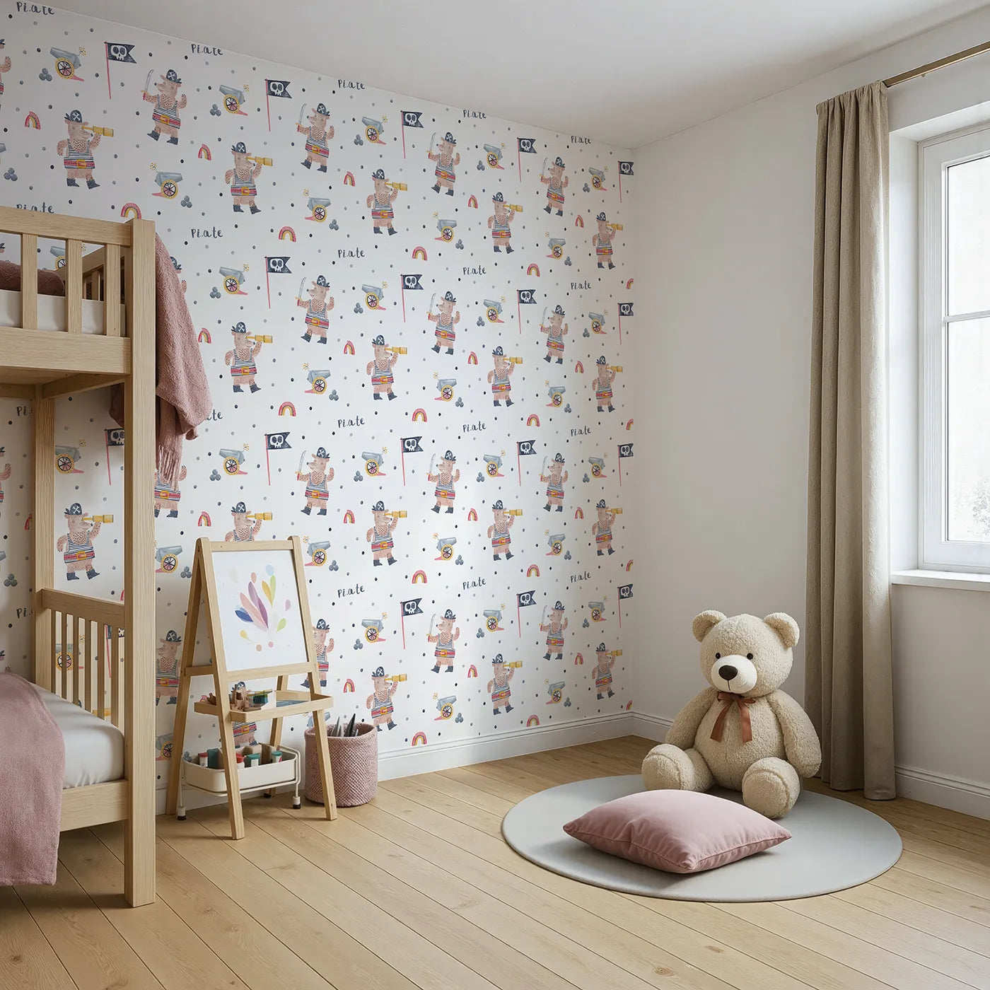 Angled view of Whimsy Tots' Pirate Bear Adventure Wallpaper (W2103).Where brave pirate bears search for treasure and fun.