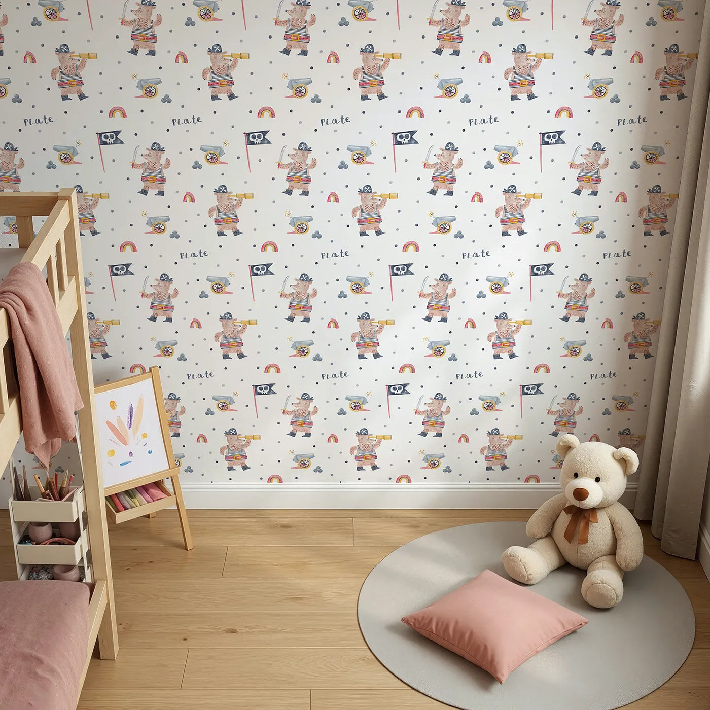 Top-Down view of Whimsy Tots' Pirate Bear Adventure Wallpaper (W2103).Where brave pirate bears search for treasure and fun.