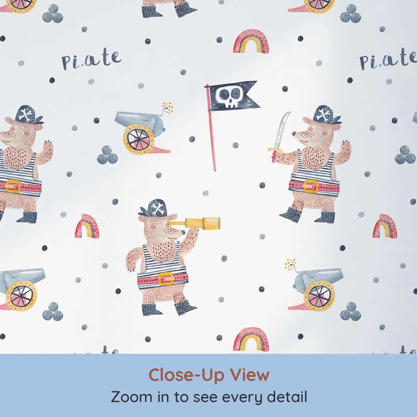 Close-up view of Whimsy Tots' Pirate Bear Adventure Wallpaper (W2103).Where brave pirate bears search for treasure and fun.