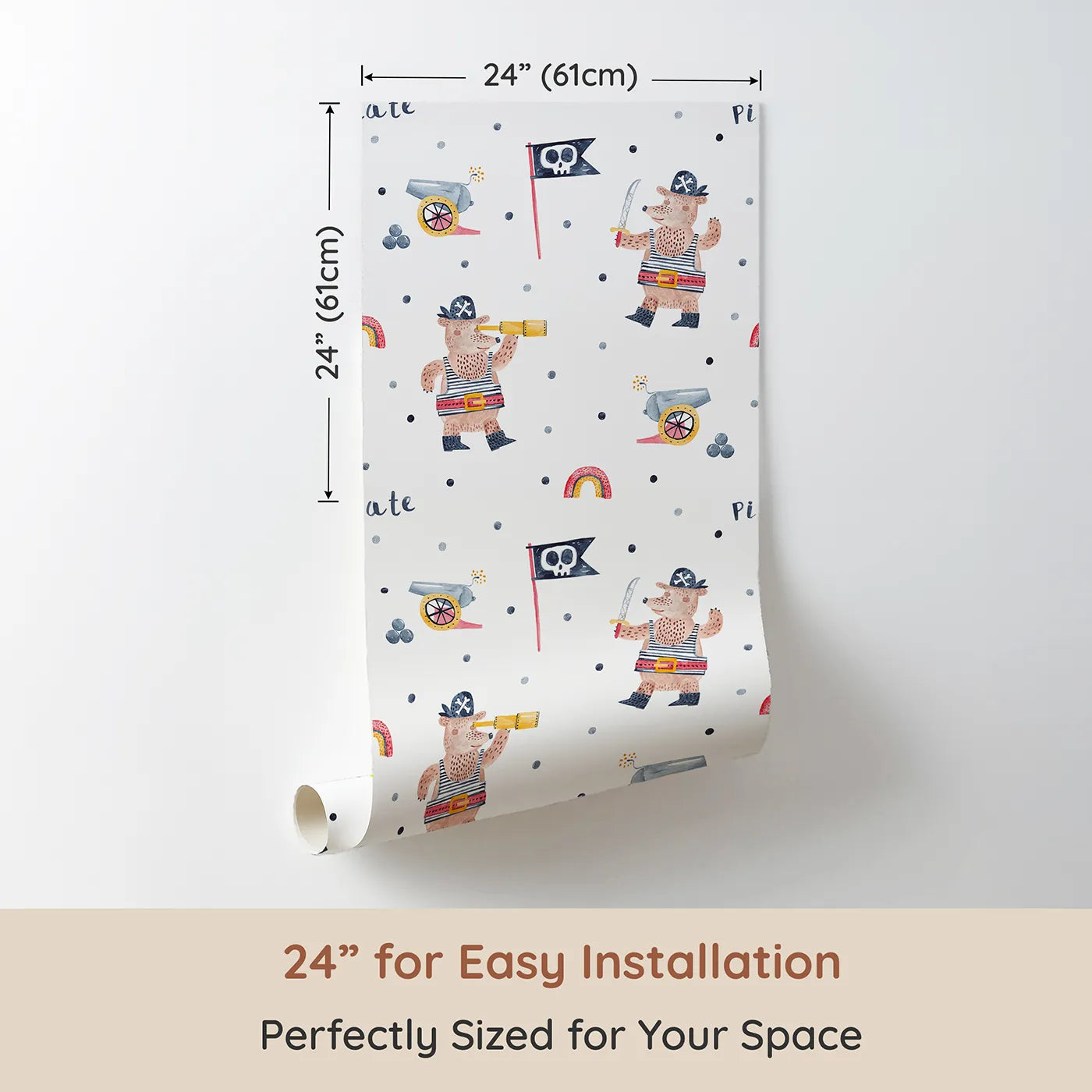 Dimension view of Whimsy Tots Pirate Bear Adventure Wallpaper (W2103). Printed in 24-inch-wide panel for easy installation. Where brave pirate bears search for treasure and fun.