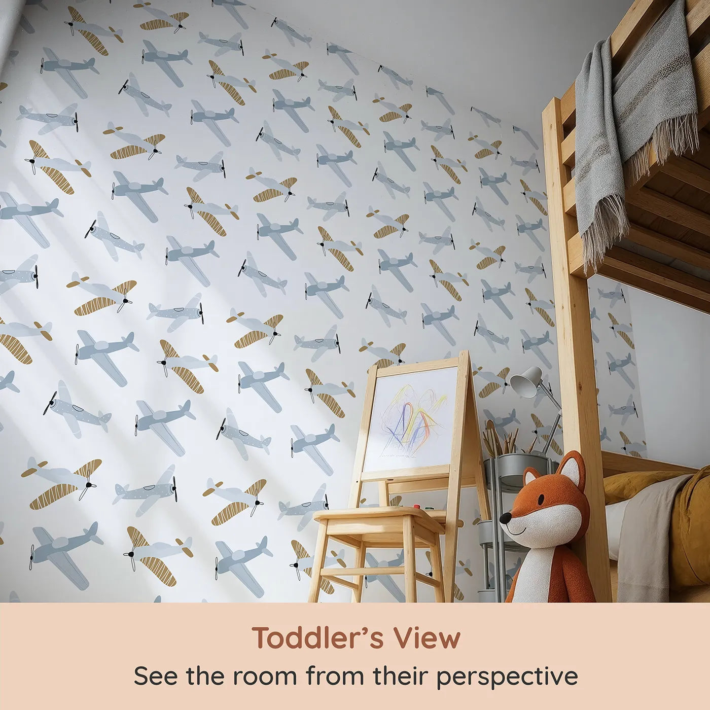 Whimsy Tots Vintage Propeller Planes Wallpaper (W2104) from your child's view.Where classic propeller planes soar through the clouds.