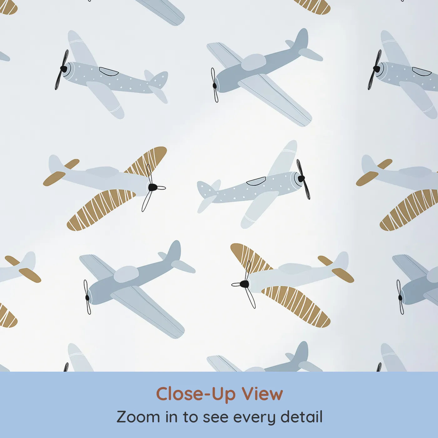 Close-up view of Whimsy Tots' Vintage Propeller Planes Wallpaper (W2104).Where classic propeller planes soar through the clouds.