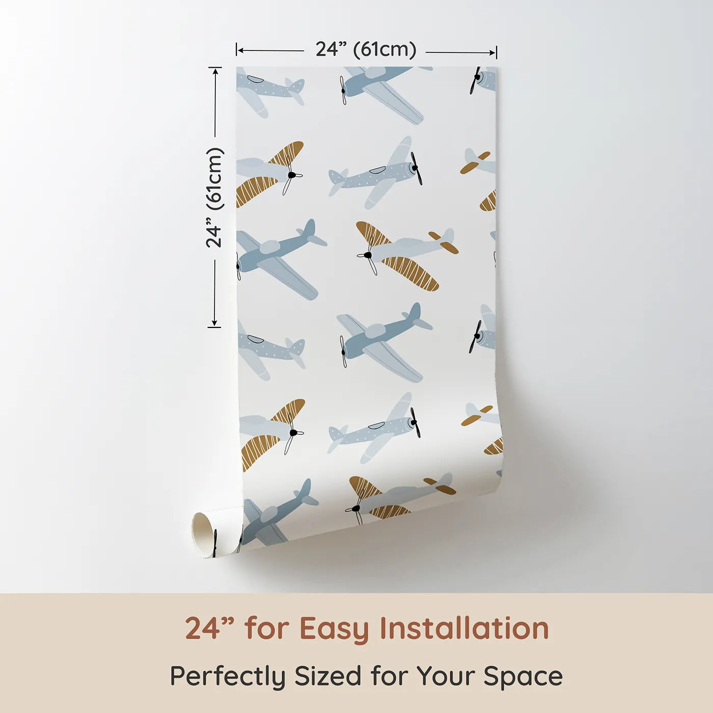 Dimension view of Whimsy Tots Vintage Propeller Planes Wallpaper (W2104). Printed in 24-inch-wide panel for easy installation. Where classic propeller planes soar through the clouds.