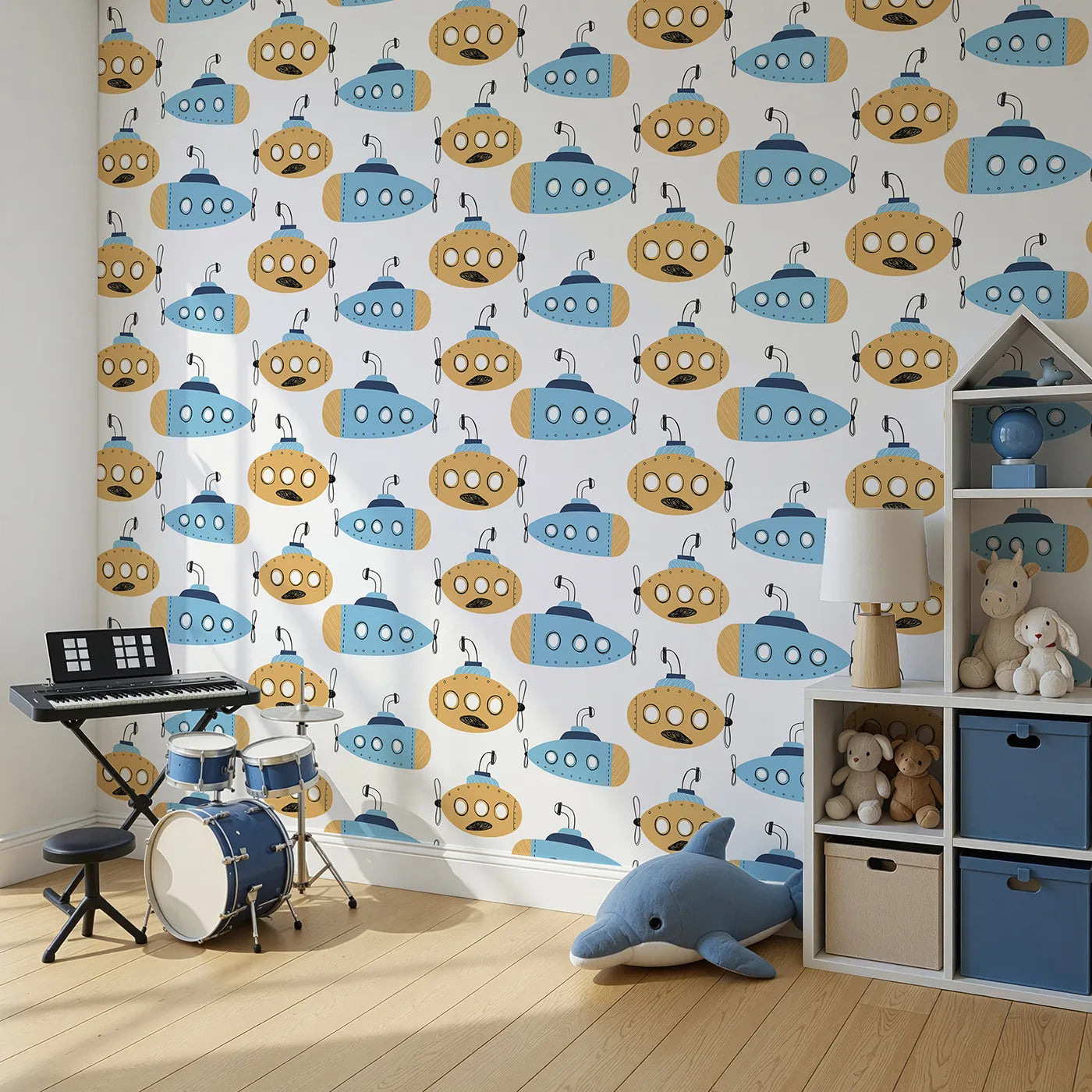 Angled view of Whimsy Tots' Quirky Submarine Voyage Wallpaper (W2105).Where colorful submarines explore the mysteries of the deep.