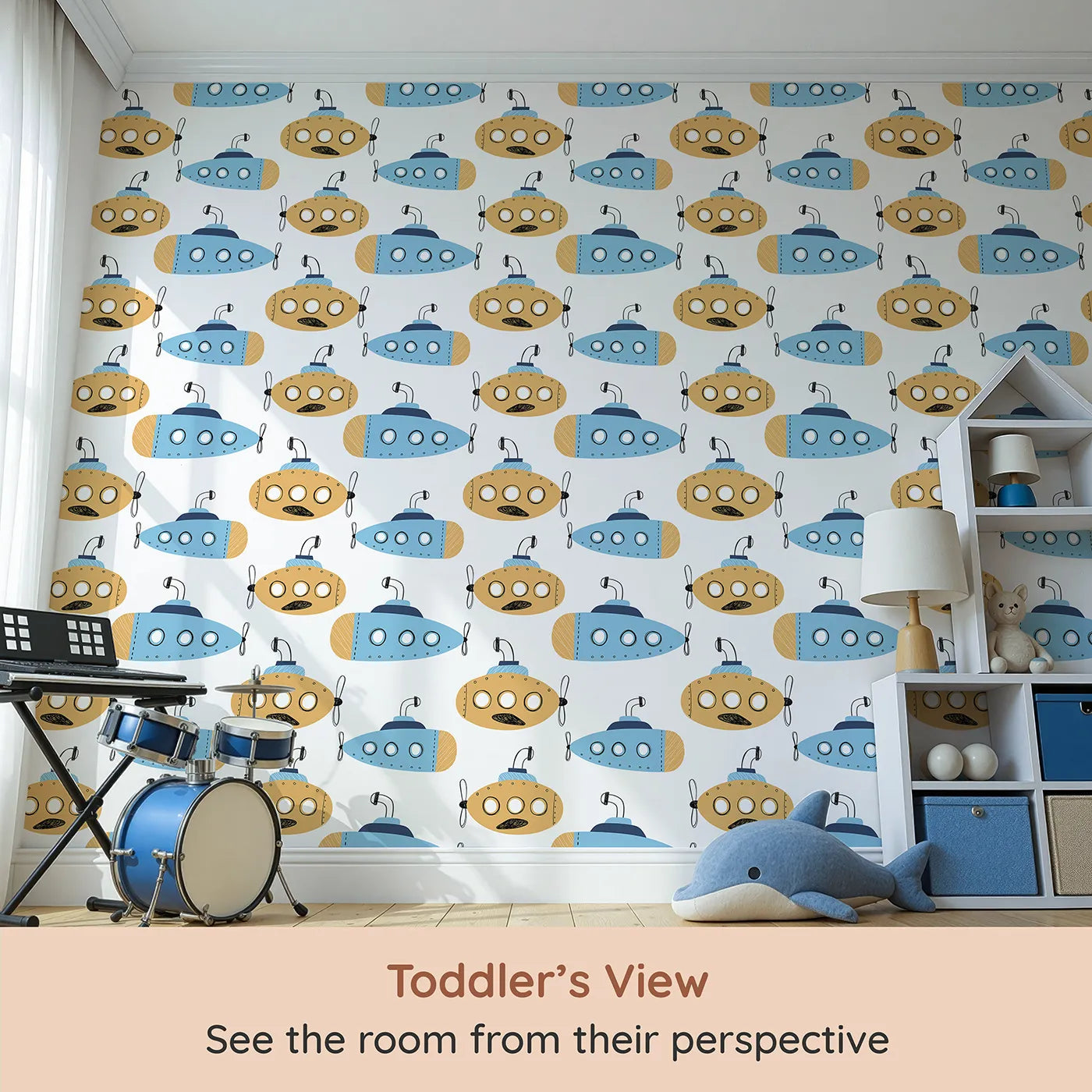 Whimsy Tots Quirky Submarine Voyage Wallpaper (W2105) from your child's view.Where colorful submarines explore the mysteries of the deep.