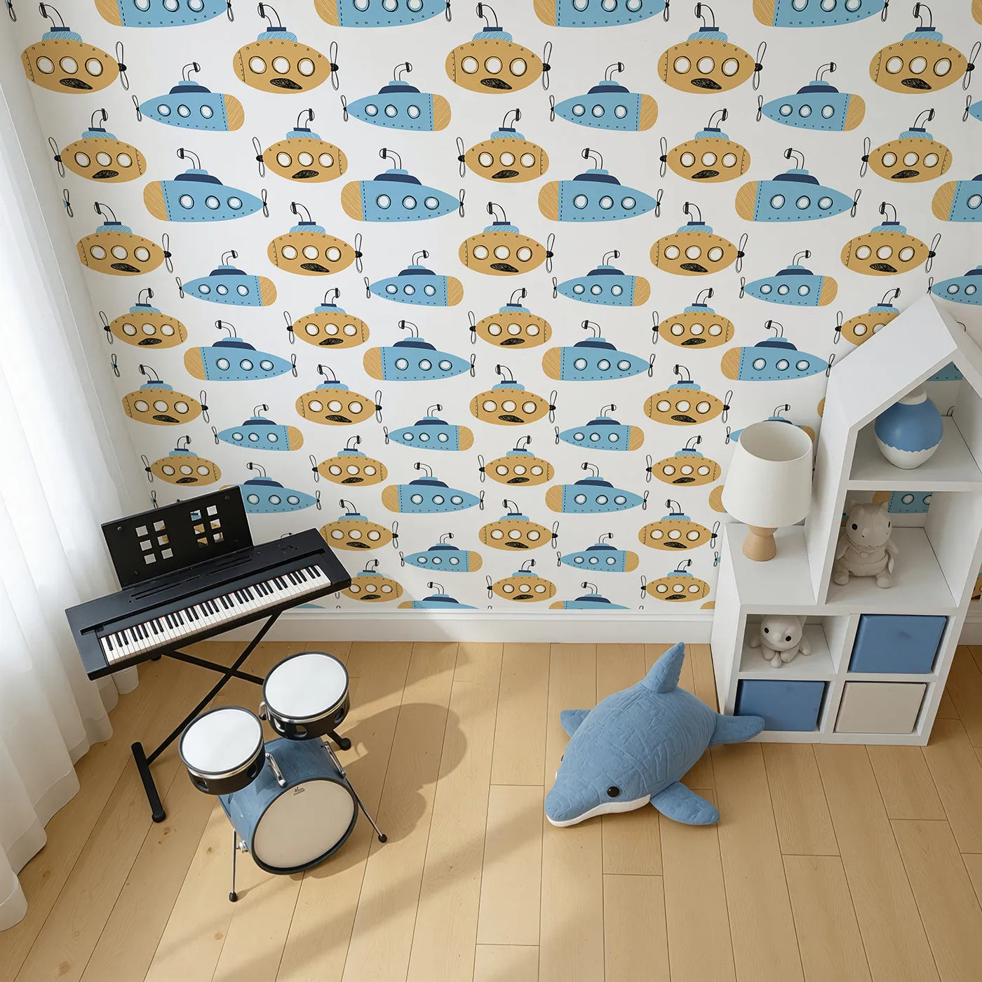 Top-Down view of Whimsy Tots' Quirky Submarine Voyage Wallpaper (W2105).Where colorful submarines explore the mysteries of the deep.