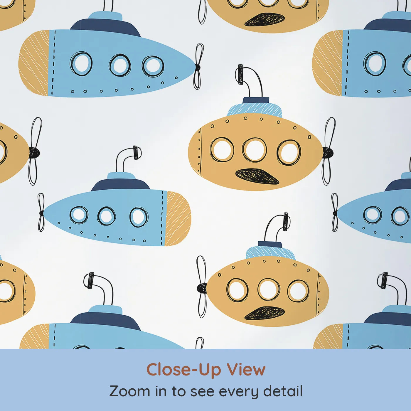 Close-up view of Whimsy Tots' Quirky Submarine Voyage Wallpaper (W2105).Where colorful submarines explore the mysteries of the deep.