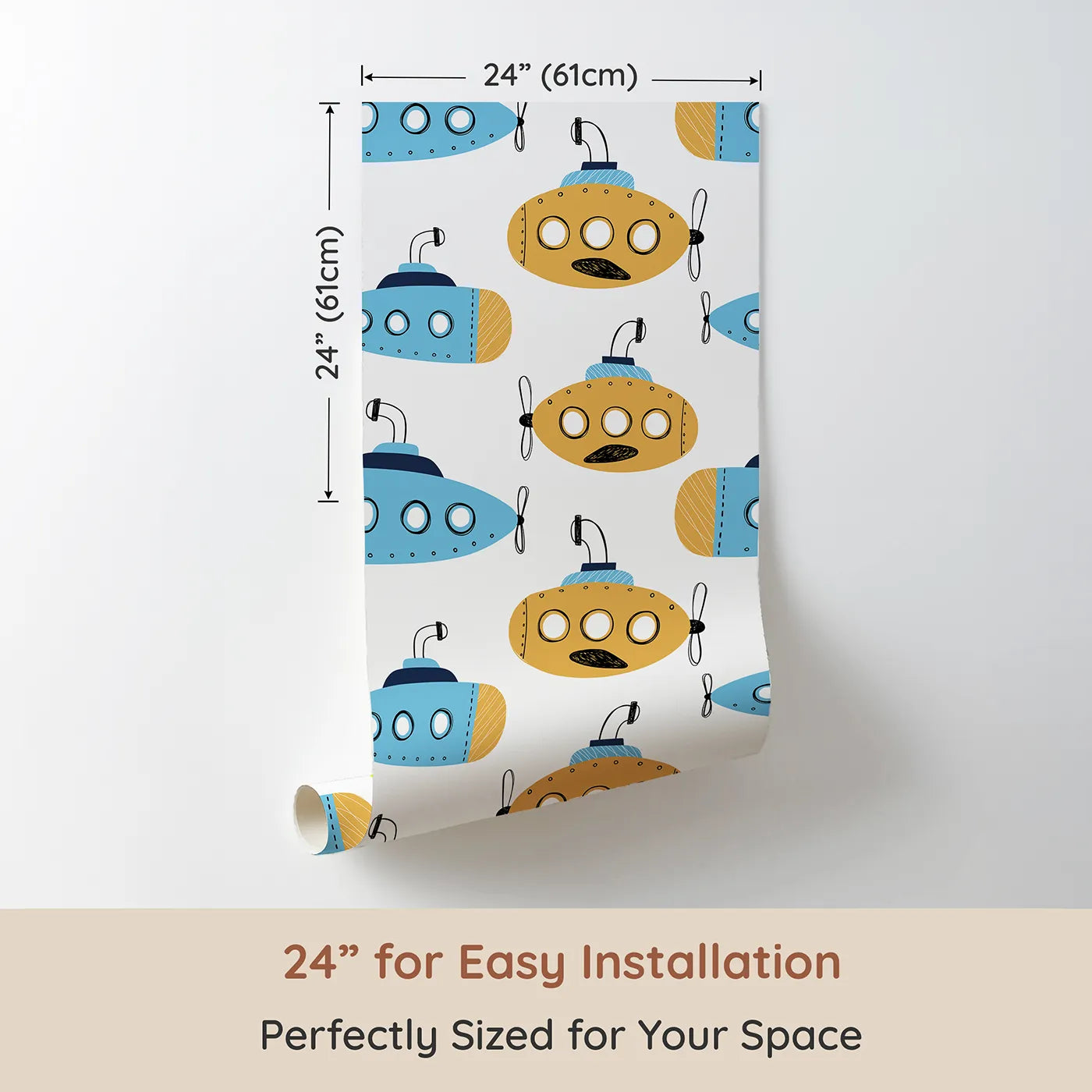 Dimension view of Whimsy Tots Quirky Submarine Voyage Wallpaper (W2105). Printed in 24-inch-wide panel for easy installation. Where colorful submarines explore the mysteries of the deep.